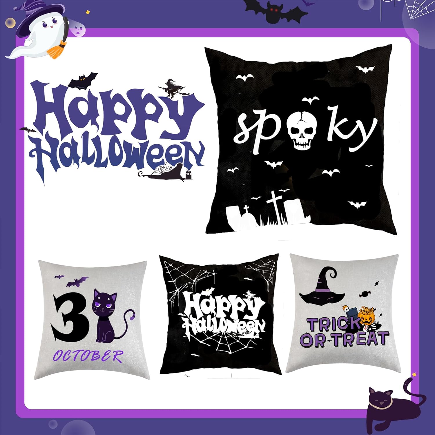 Juego de 4 fundas de almohada de Halloween de 18 x 18 pulgadas para decoración de Halloween, decoración de interiores y exteriores, suministros de
