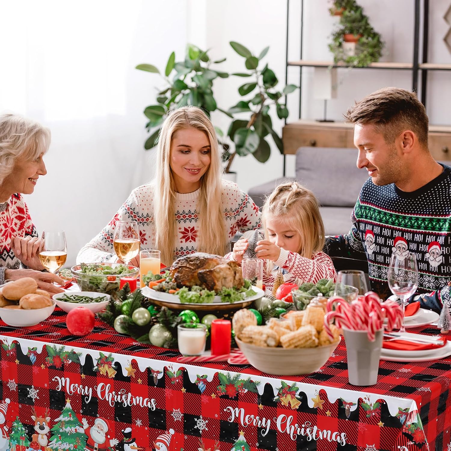 Tiamon Mantel de Navidad con diseño de búfalo de Navidad, mantel de picnic rojo y negro, mantel de plástico con copos de nieve para decoración de