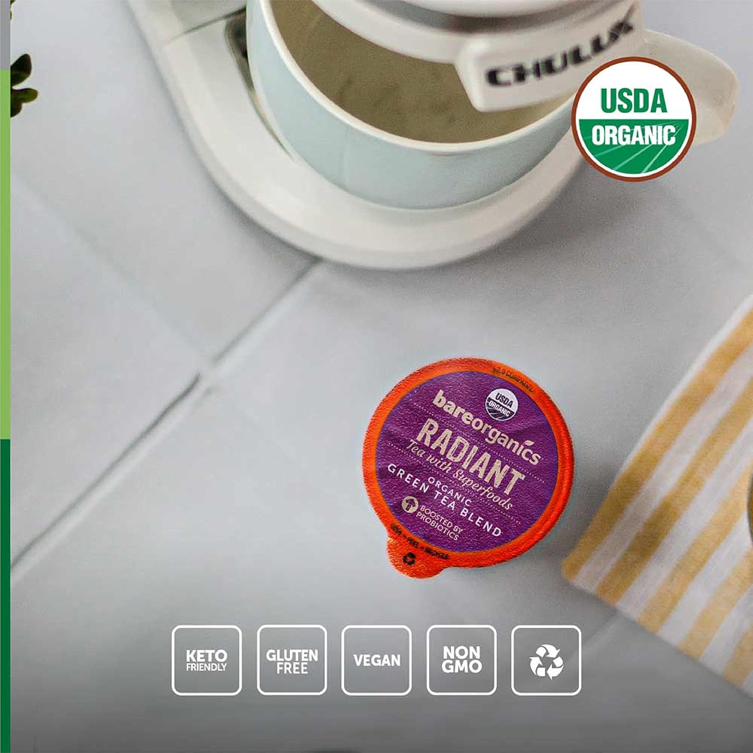 BareOrganics Té radiante con superalimentos y probióticos  Cápsulas de té compatibles con Keurig K-Cup  Certificado USDA orgánico, vegano, sin OMG y