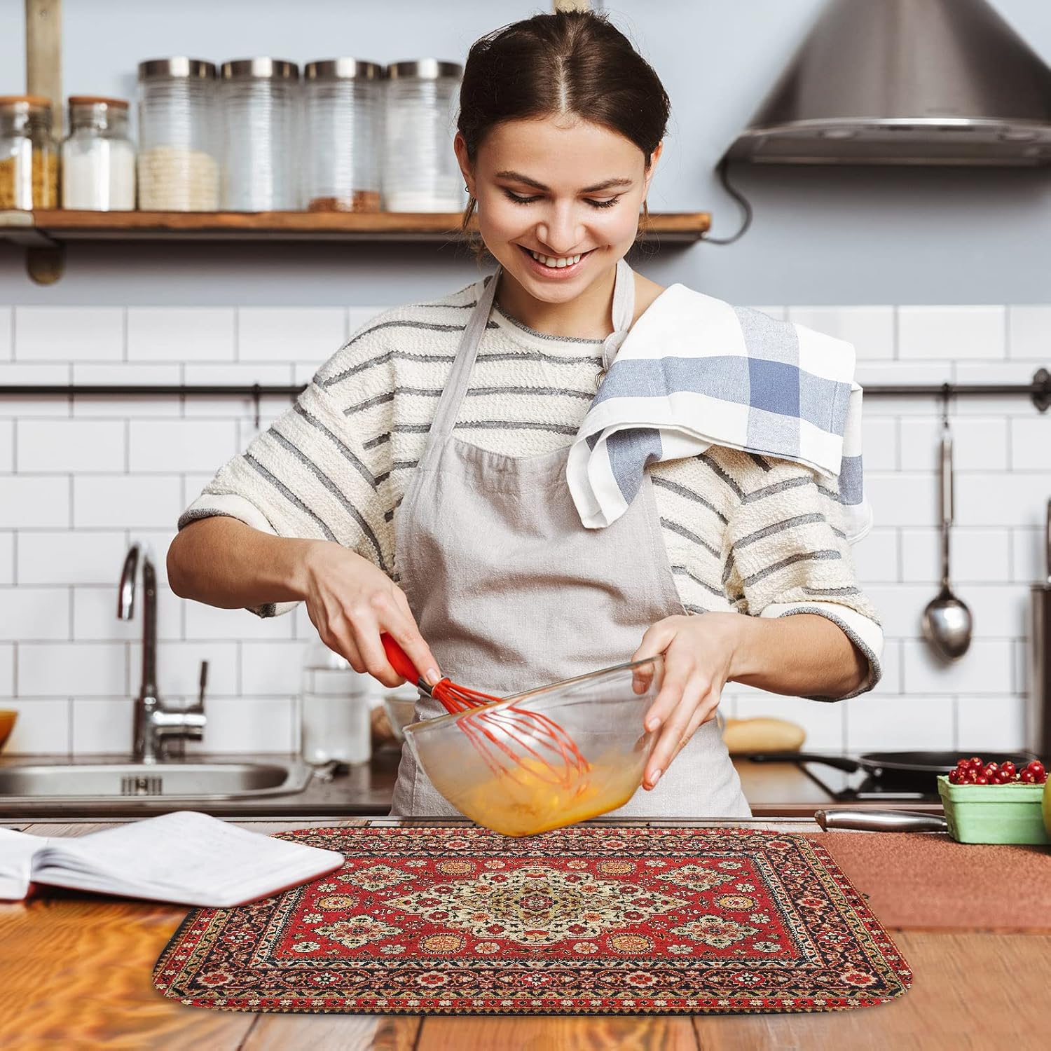Tapete para secar platos, almohadilla de microfibra absorbente turca marroquí roja real para decoración de encimera de cocina, resistente al calor y