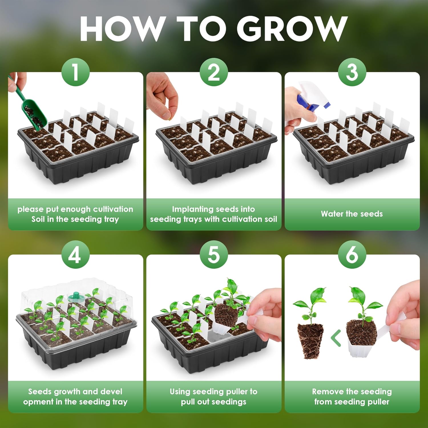 Paquete de 5 bandejas para plantas con 60 extractores reutilizables, bandeja de inicio de semillas con kit de cúpula de humedad. Germinación de