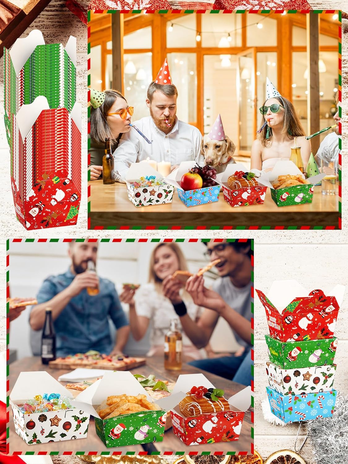 Paquete de 60 cajas de comida para llevar de Navidad de 2.56 x 4.65 x 3.54 pulgadas, cajas desechables de Navidad para llevar, cajas de regalo de