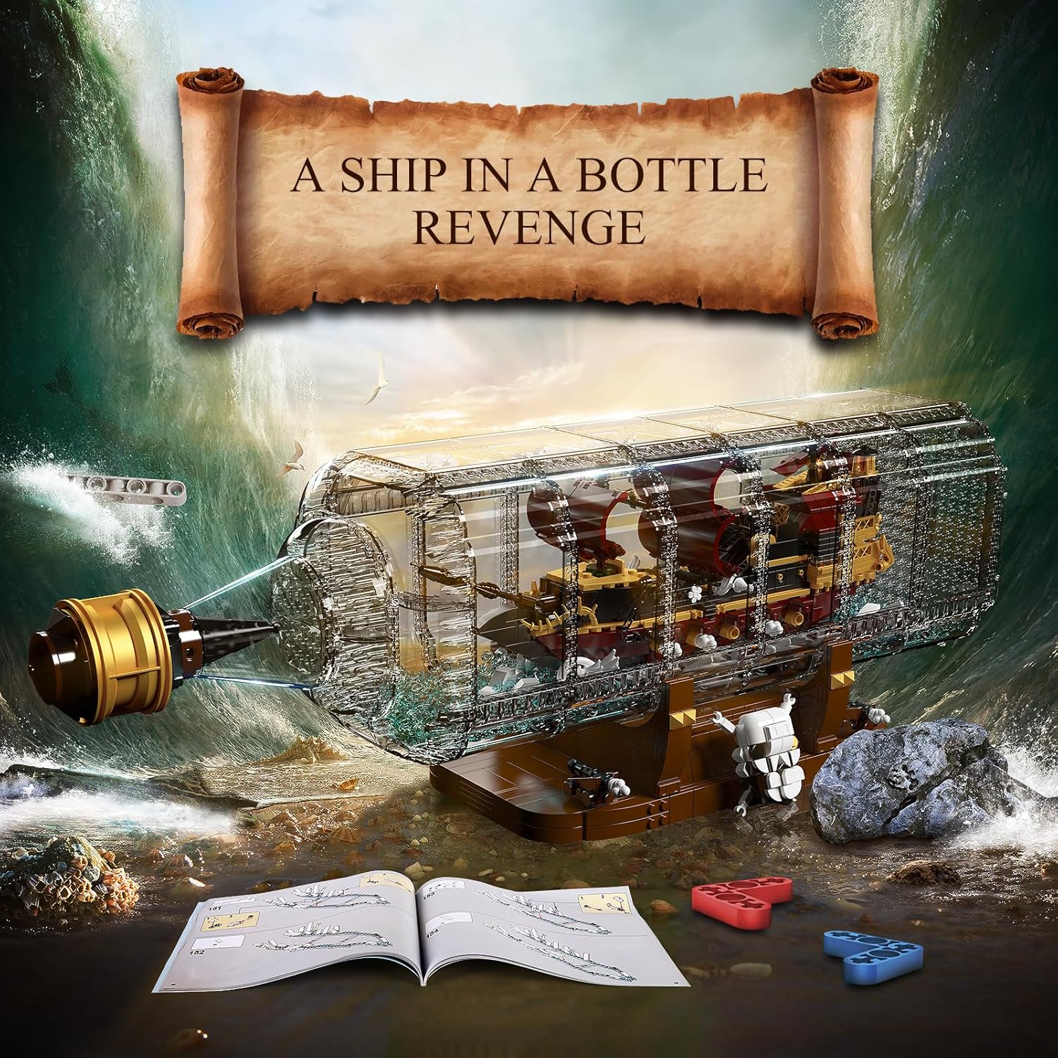Mould King 10066 – Kit de bloques de construcción de una pieza de barco en botella, MOC Queen Anne’s Revenge Pirate Ship Model Building Set, regalo