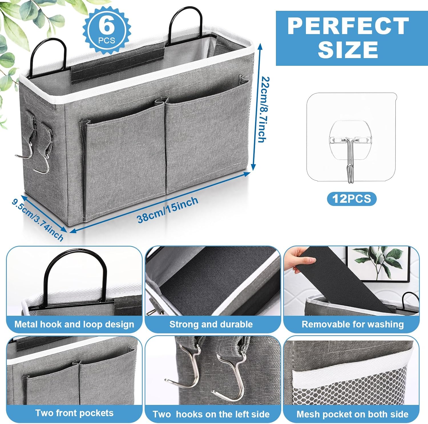 6 bolsas de almacenamiento para colgar en la pared, bolsa organizadora para colgar en la pared con ganchos, cesta colgante de pared con bolsillo,