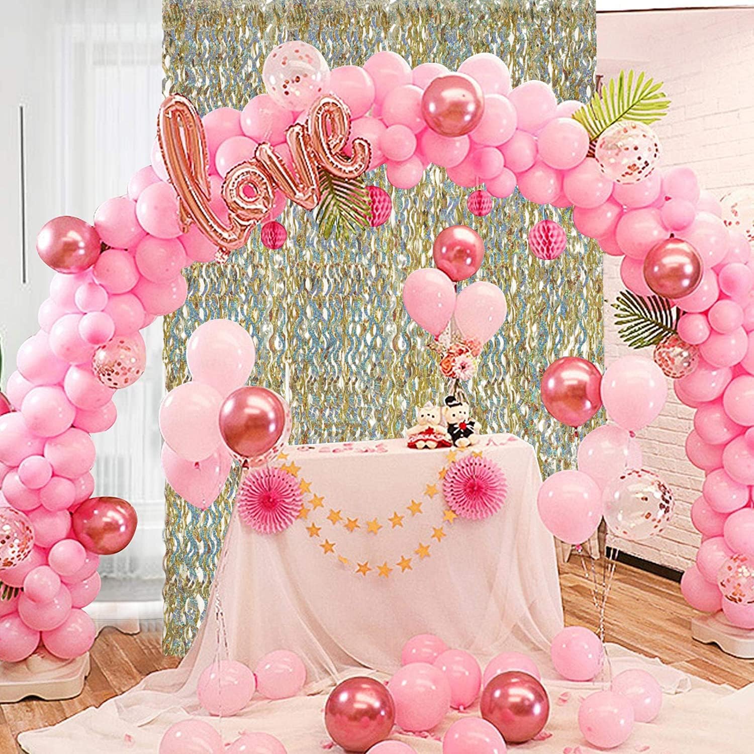 Telón de fondo de flecos de papel de aluminio dorado champán, paquete de 3 cortinas de fondo de 3.3 pies x 6.6 pies para decoración de fiesta de