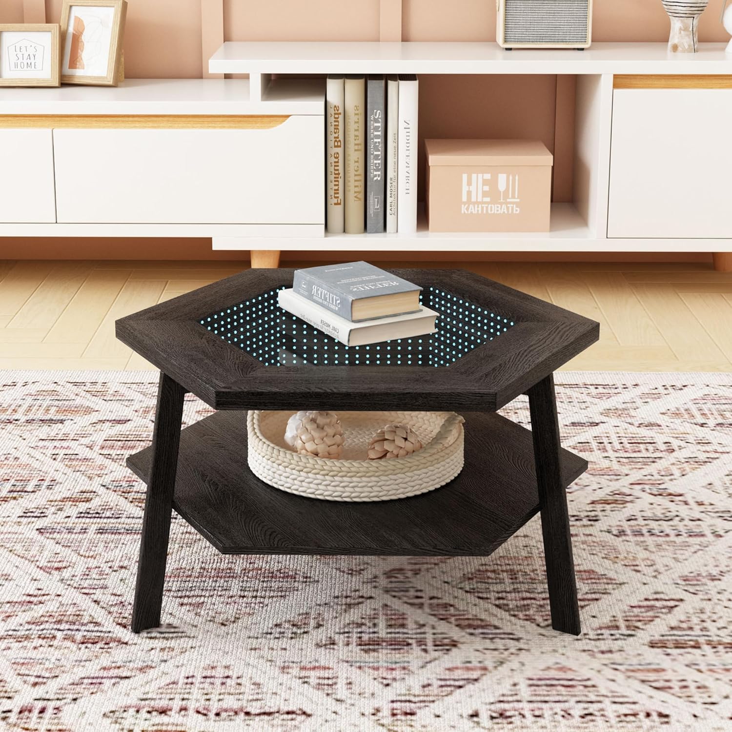 Mesa de centro moderna, mesa de centro hexagonal de 31.49 pulgadas, mesa de centro inteligente con sensor activado por voz, iluminación LED, luces