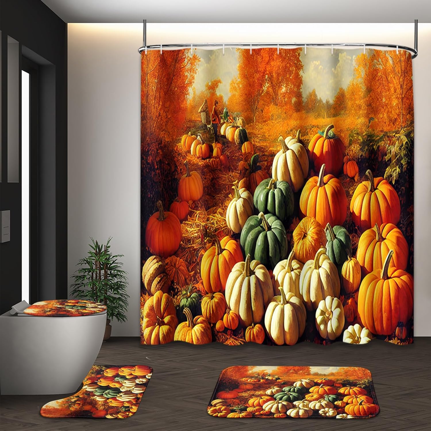 ArtSocket Juego de cortina de ducha de otoño Batheoom con alfombras, juego de baño naranja con alfombra antideslizante, cubierta de tapa de inodoro,