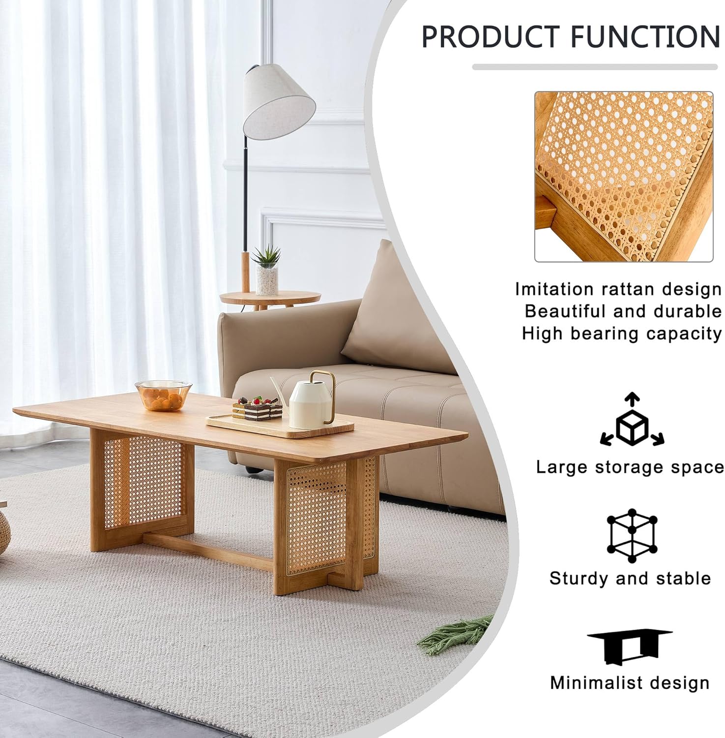 TesNus Mesa de centro de madera maciza para sala de estar, mesa auxiliar rectangular bohemia con parte superior de madera y patas inspiradas en