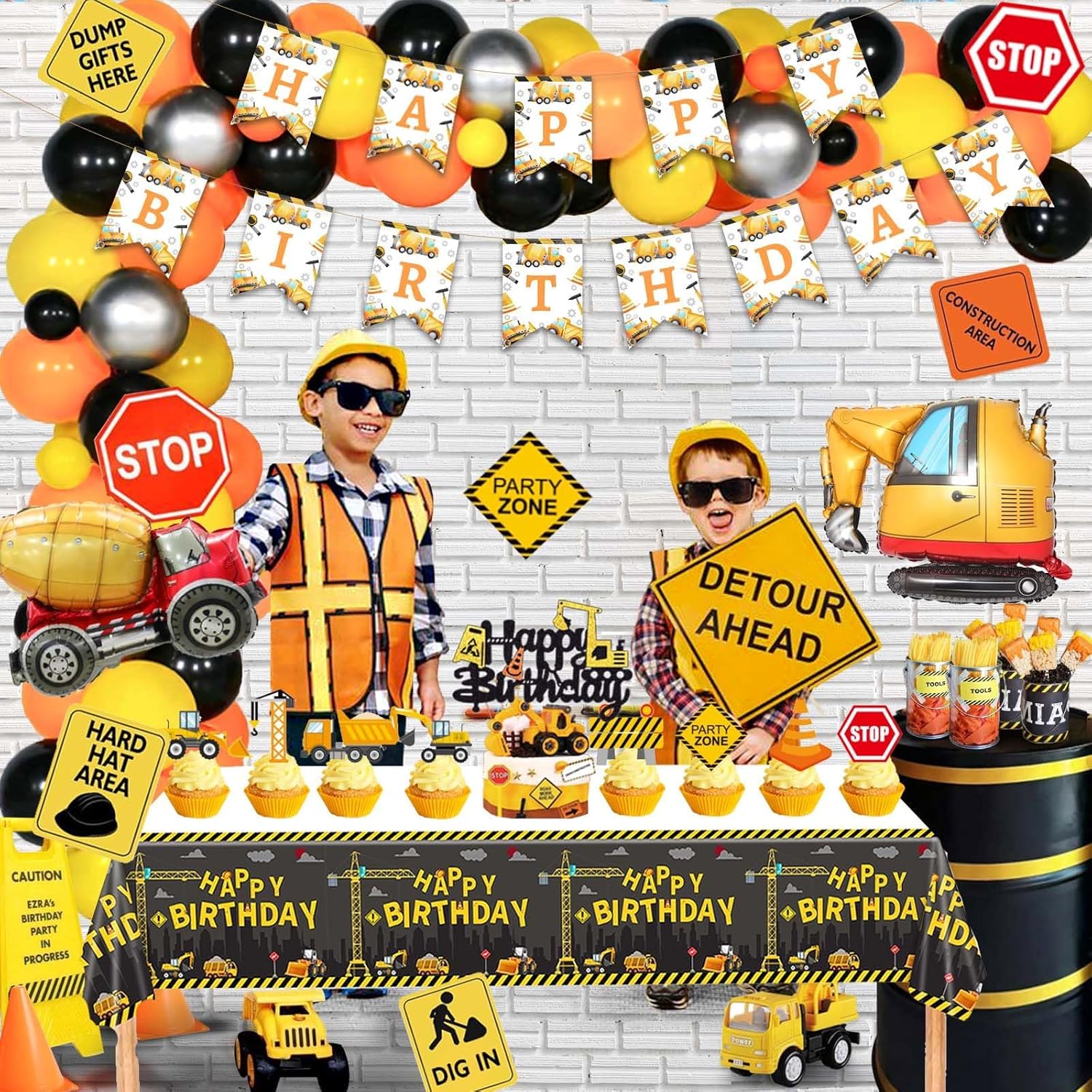157 piezas de decoración de fiesta de cumpleaños de construcción, camión volquete de Hombae excavadora, tema de zona de cumpleaños, telón de fondo,