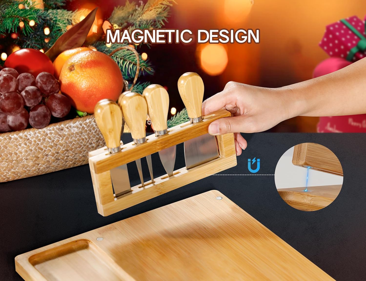 Easoger Juego de tabla de queso y cuchillos, tablas de charcutería extra grandes con soporte magnético para cuchillos, plato de queso regalo para