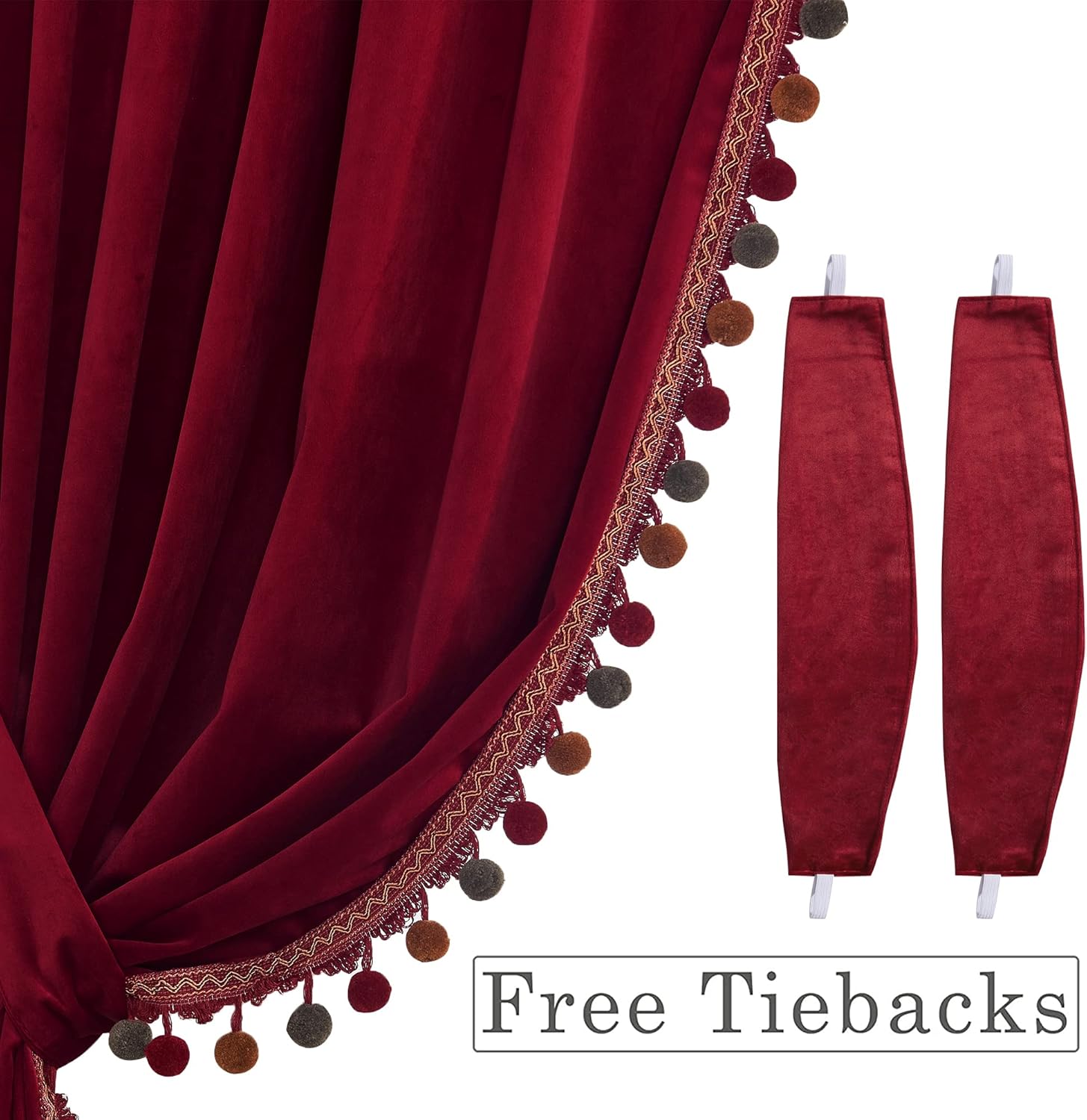 StangH Cortinas de terciopelo con pompones rojos de lujo, decoración del hogar navideña, con aislamiento térmico, para oscurecer la habitación, para