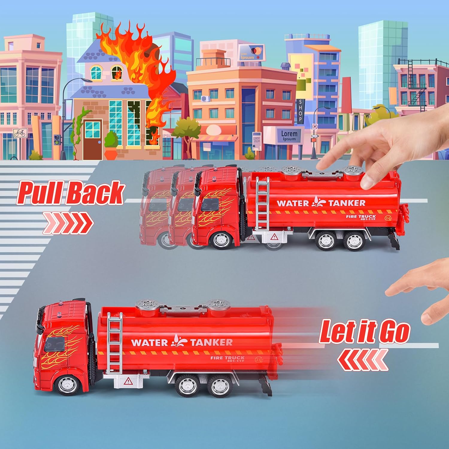 Lorfancy Paquete de 3 camiones de bomberos de juguete para niños pequeños de 3, 4, 5, 6 años de edad, para niños, modelo de metal, camiones de