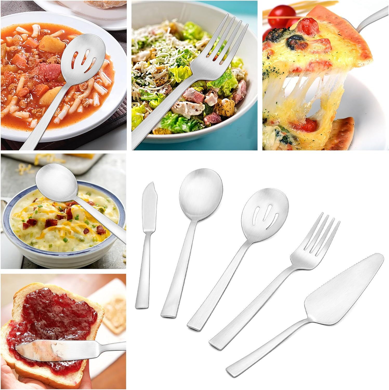 HaWare – Utensilios para servir, juego de 5 piezas de acero inoxidable para bufé, fiesta, cocina, restaurante, cubiertos de mango cuadrado, acabado