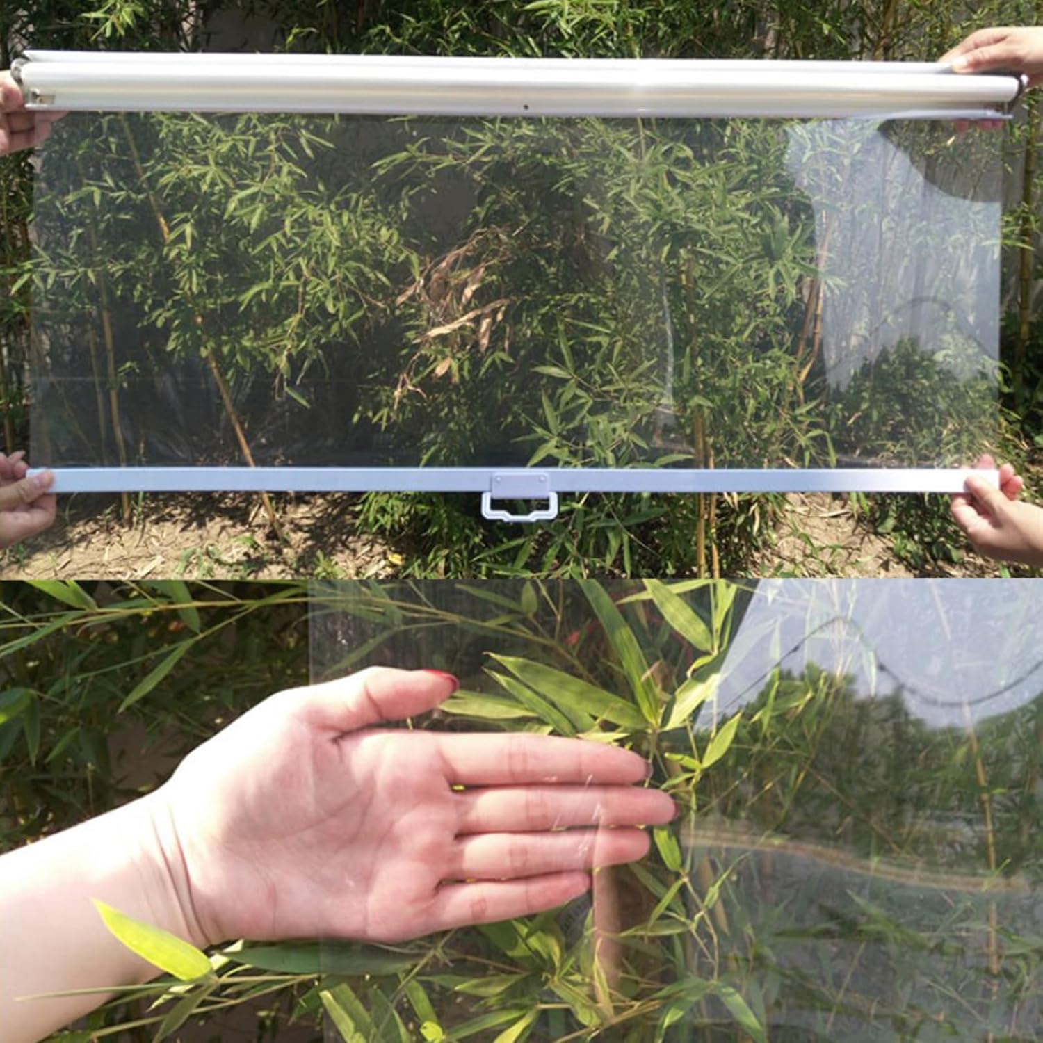 Persianas enrollables transparentes impermeables, a prueba de polvo, se mantienen frescas, persianas de plástico transparente sin cordón con asa,