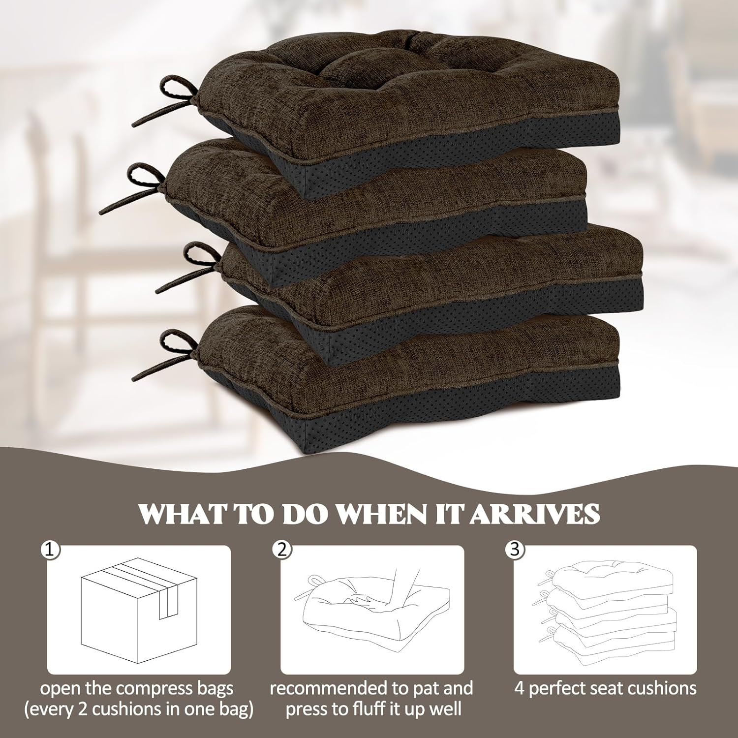 HARBOREST Juego de 4 cojines para sillas de comedor, cojines copetudos de felpilla para sillas de cocina con lazos y parte inferior antideslizante,