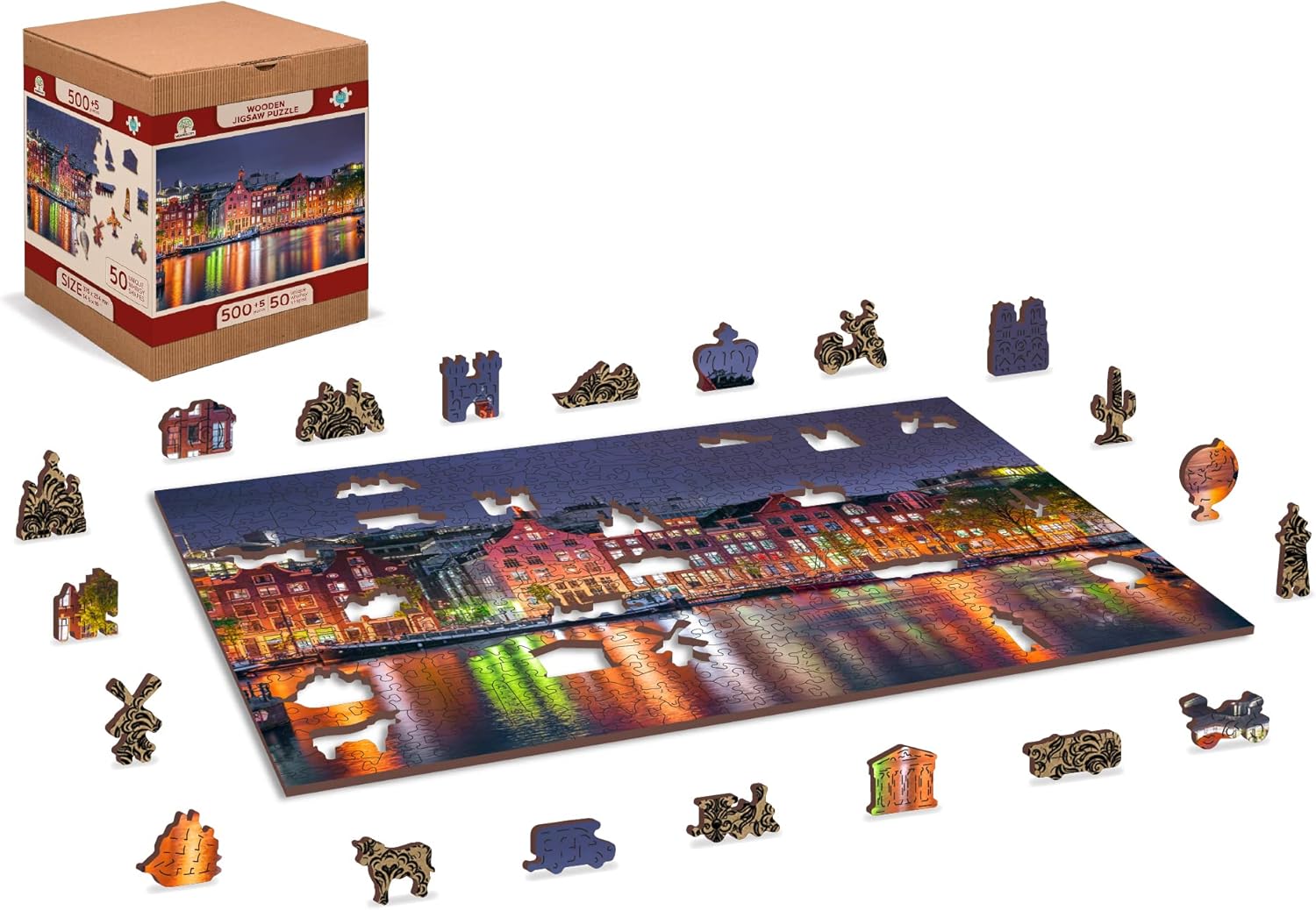 WOODEN.CITY 500 + 5 piezas – Amsterdam By Night – Rompecabezas de madera – Juego de rompecabezas de paisaje escénico con piezas de formas inusuales