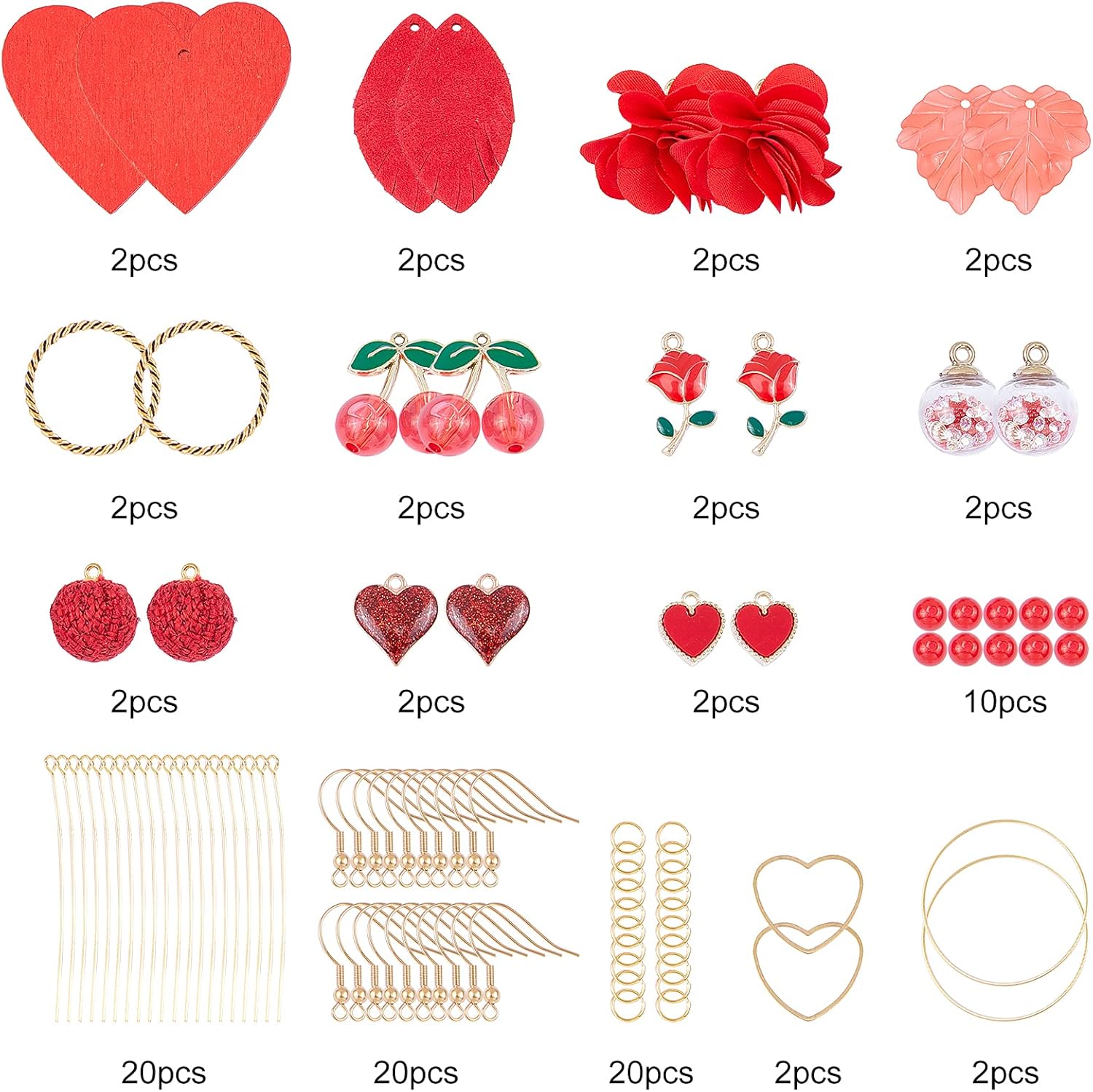 SUNNYCLUE 1 caja de bricolaje 10 pares de aretes de San Valentín, diseño de flores rojas y cerezas, colgantes de tela redonda de tela con corazón y