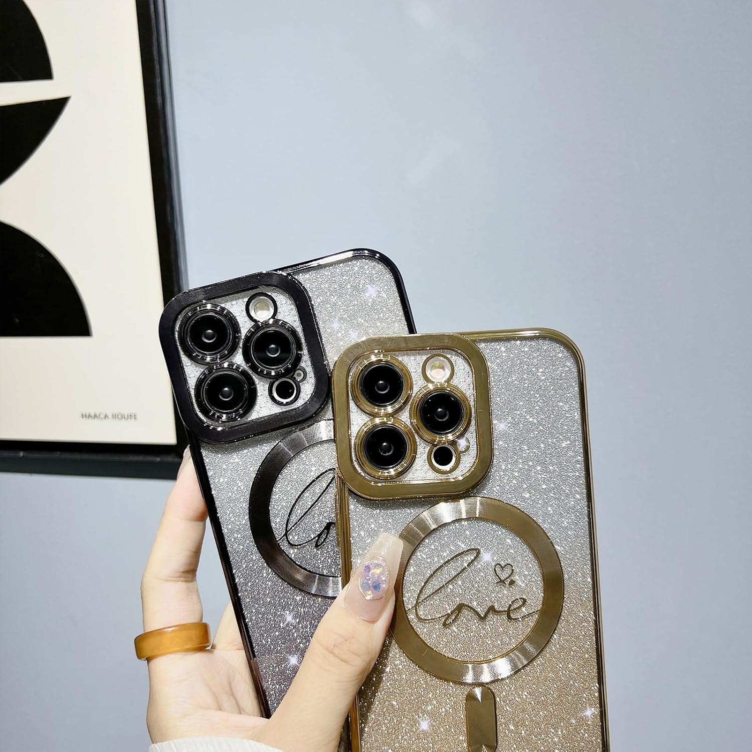 aowner Funda magnética para iPhone 12 Pro Max compatible con MagSafe, funda transparente con diseño de corazón de amor de lujo, protección de