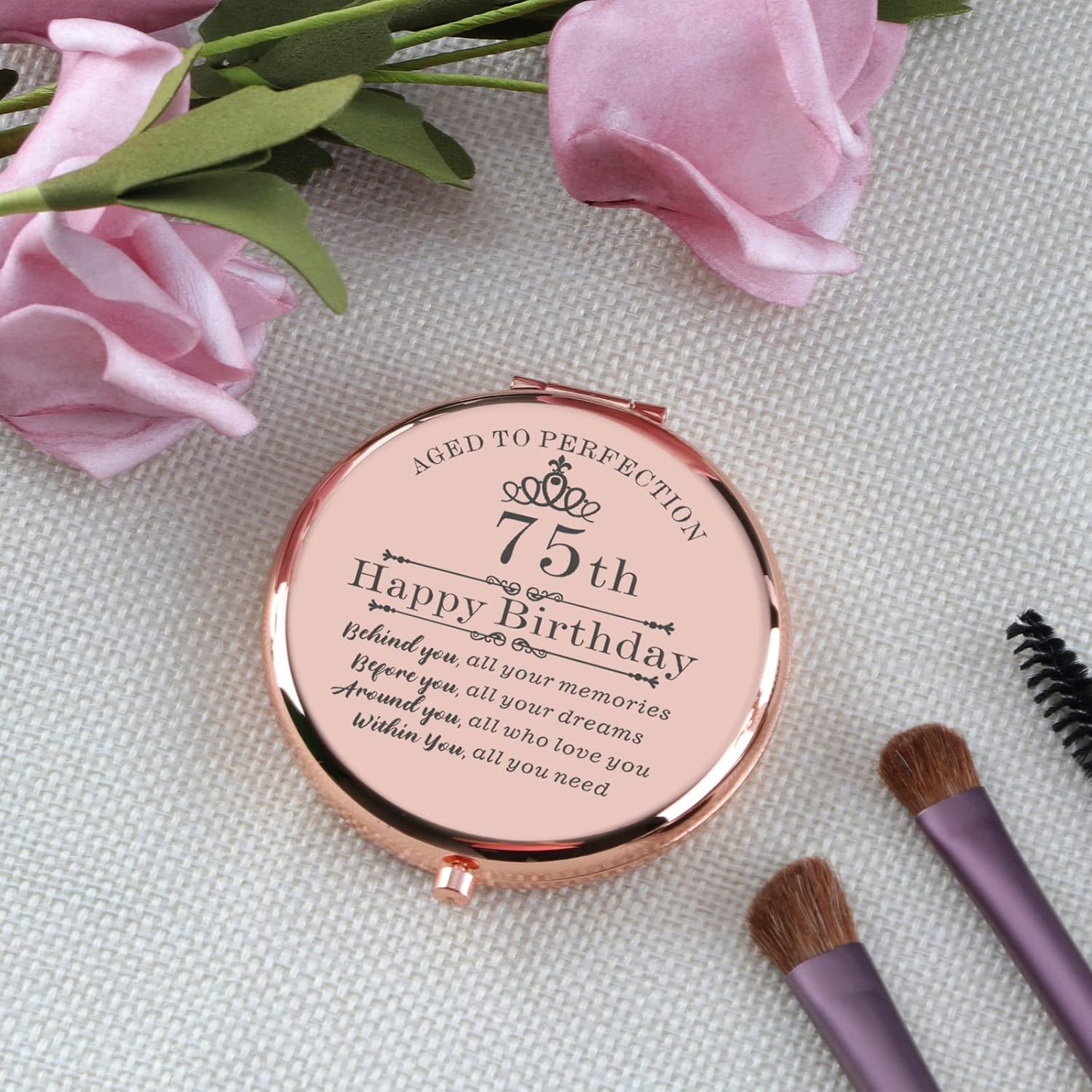 Regalos de cumpleaños 75 para mujeres, espejo de maquillaje compacto de oro rosa, ideas de regalo de cumpleaños 75 para mujeres, regalo de