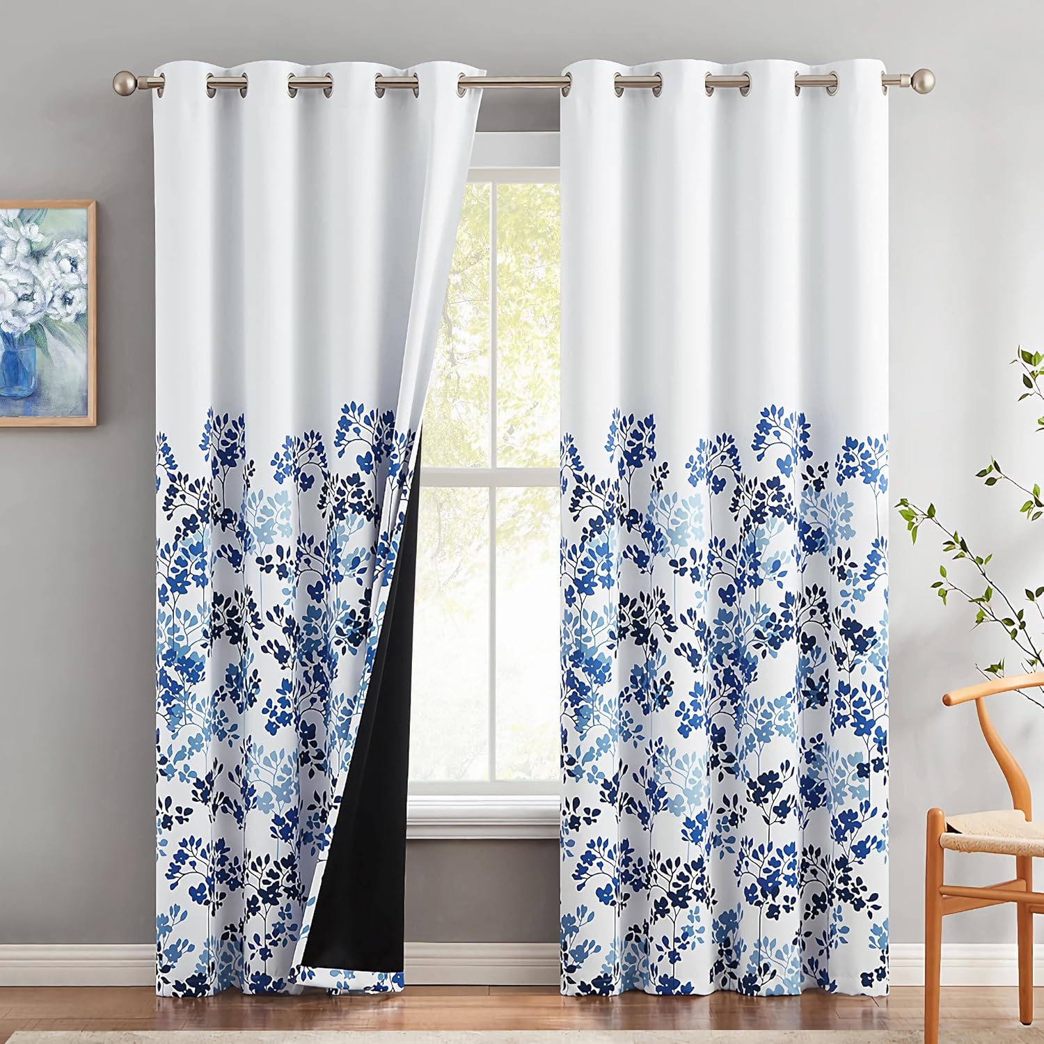 Metro Parlor Cortinas rústicas totalmente opacas para ventana, cortinas con estampado floral para dormitorio, sala de estar, diseño de hojas azules