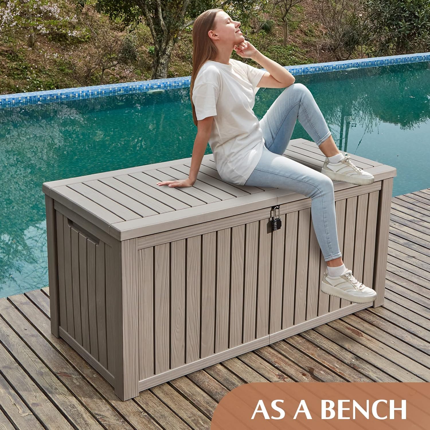 HABUTWAY Caja grande de almacenamiento para exteriores, banco de almacenamiento impermeable con candado de resina para patio, caja de almacenamiento