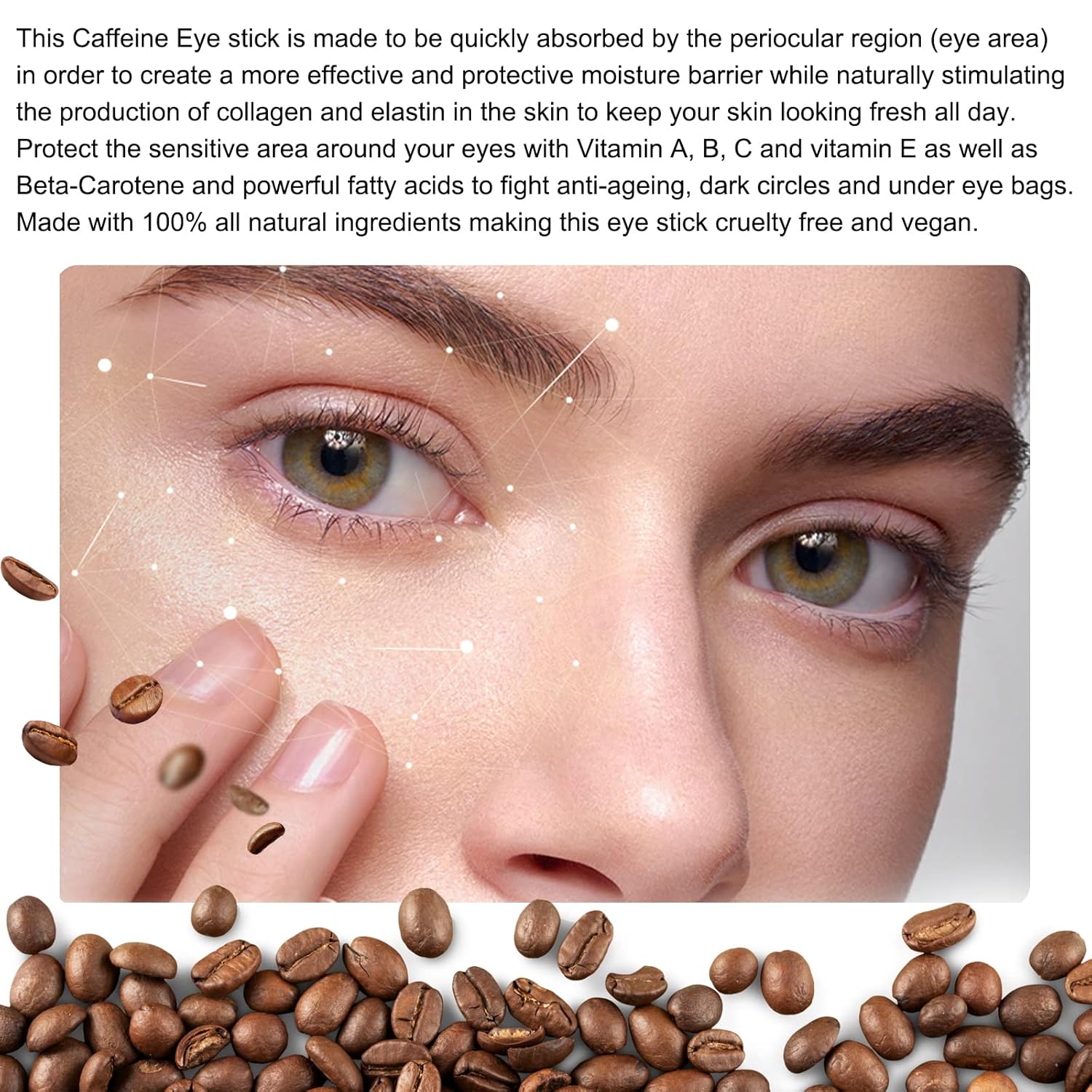 Barra de ojos con cafeína, reduce la hinchazón de los ojos y las ojeras, difumina las líneas finas, incluye cafeína, ácido hialurónico, vitamina C,