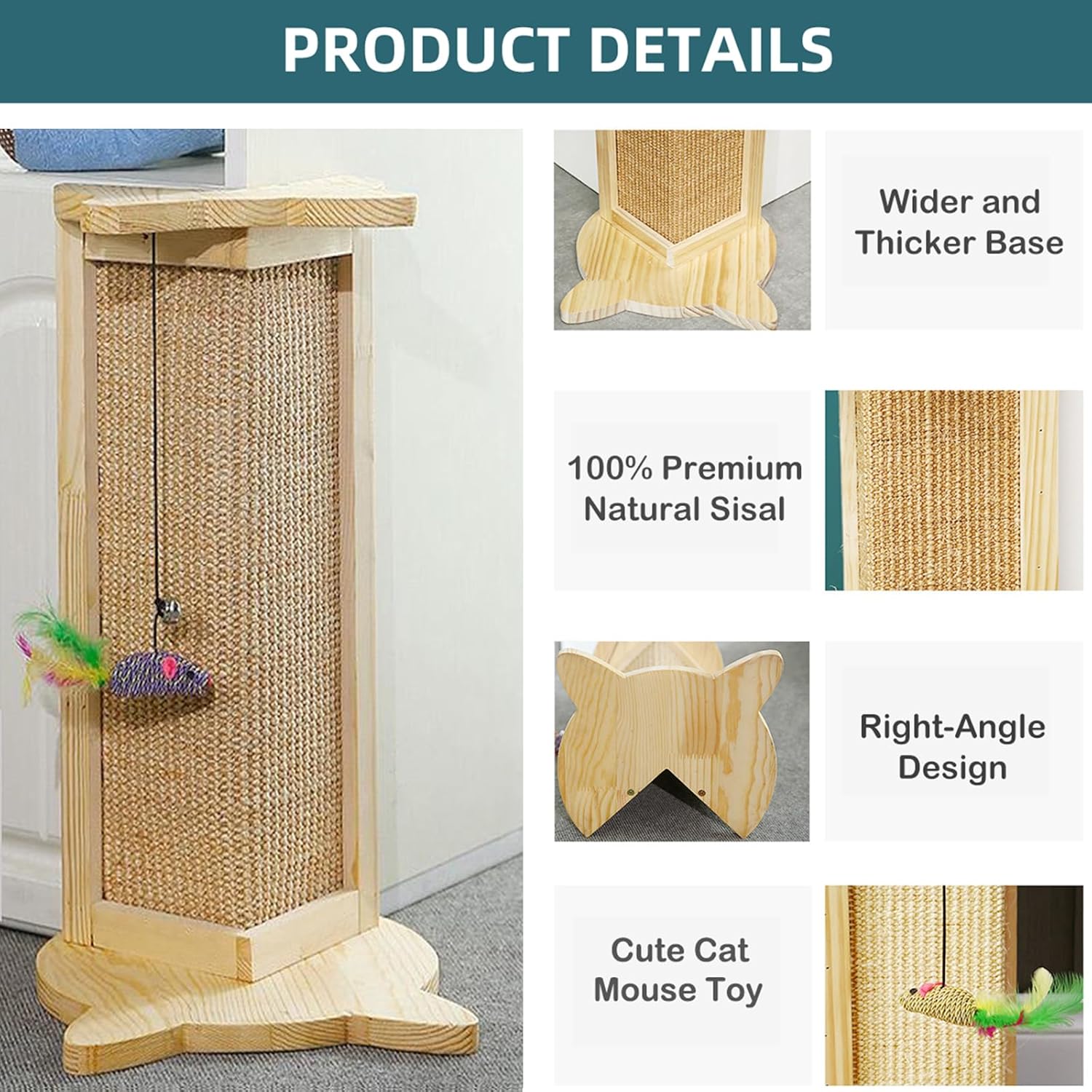 Rascador de esquina para gatos, poste rascador de esquina de sofá, rascador de esquina de sisal de 18 pulgadas para gatos de interior con juguete de