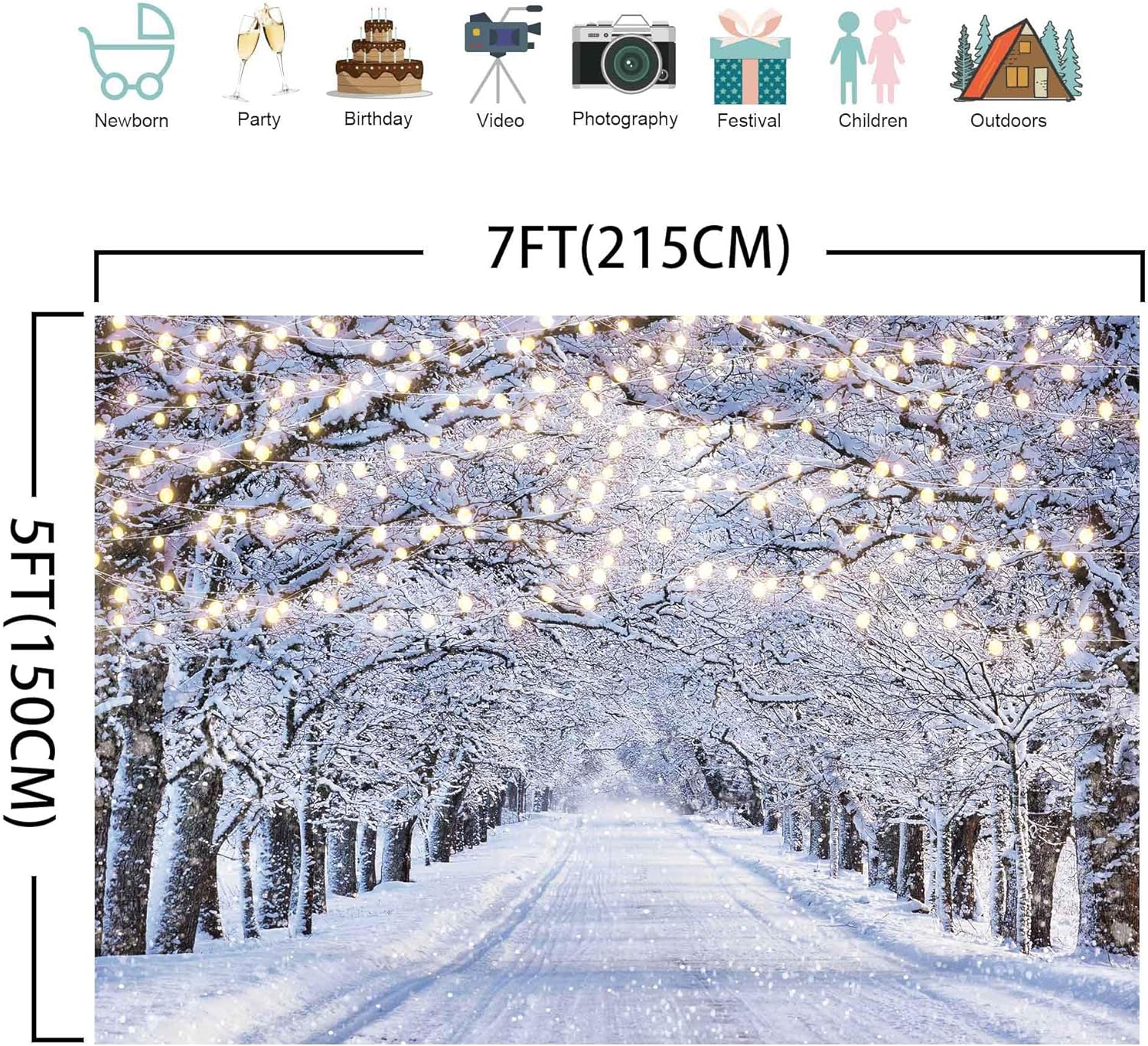 Telón de fondo fotográfico de escena de invierno de 7 x 5 pies, diseño de copo de nieve con purpurina, nieve, paisaje, decoración de árbol de