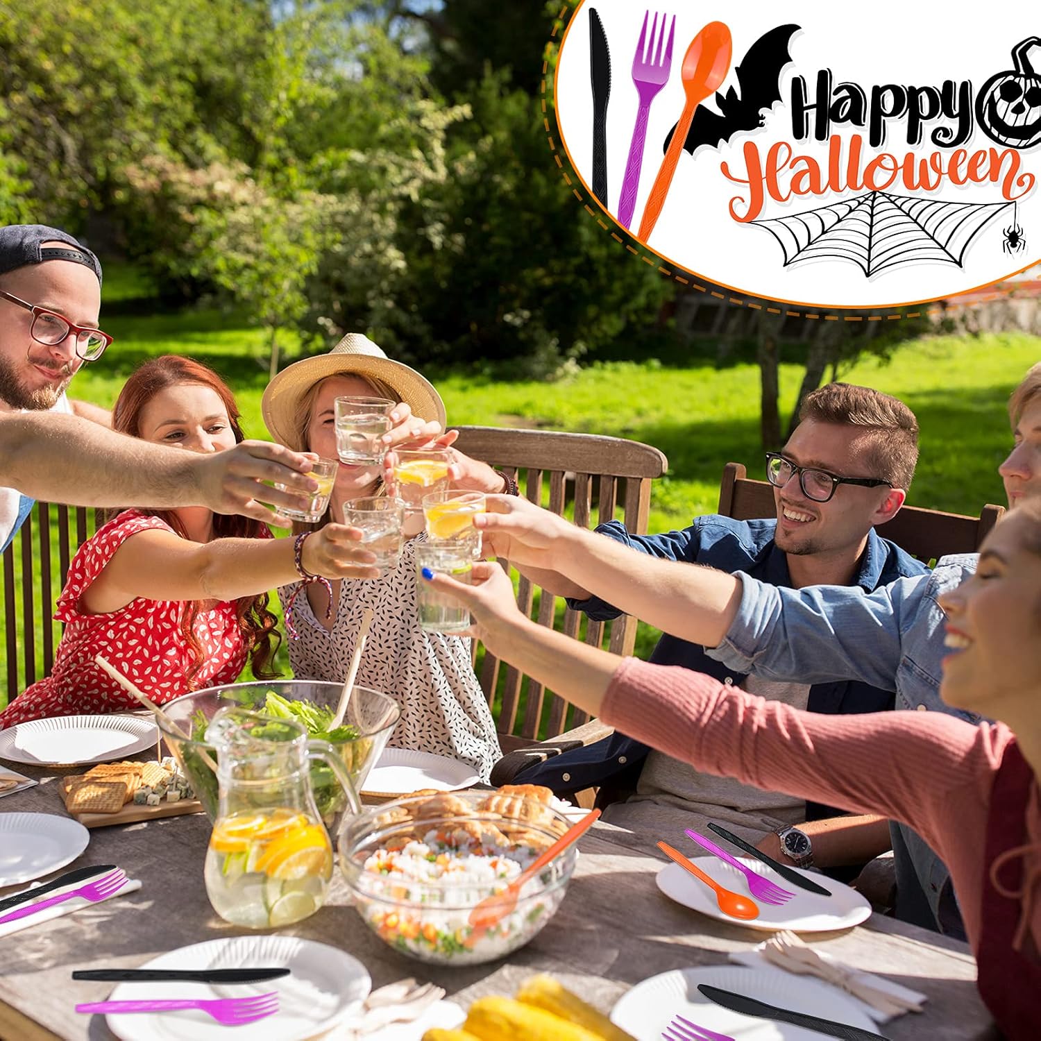 Juego de 60 cubiertos de plástico para Halloween, tenedores, cucharas, cuchillos, utensilios de colores negro, naranja, morado, vajilla desechable