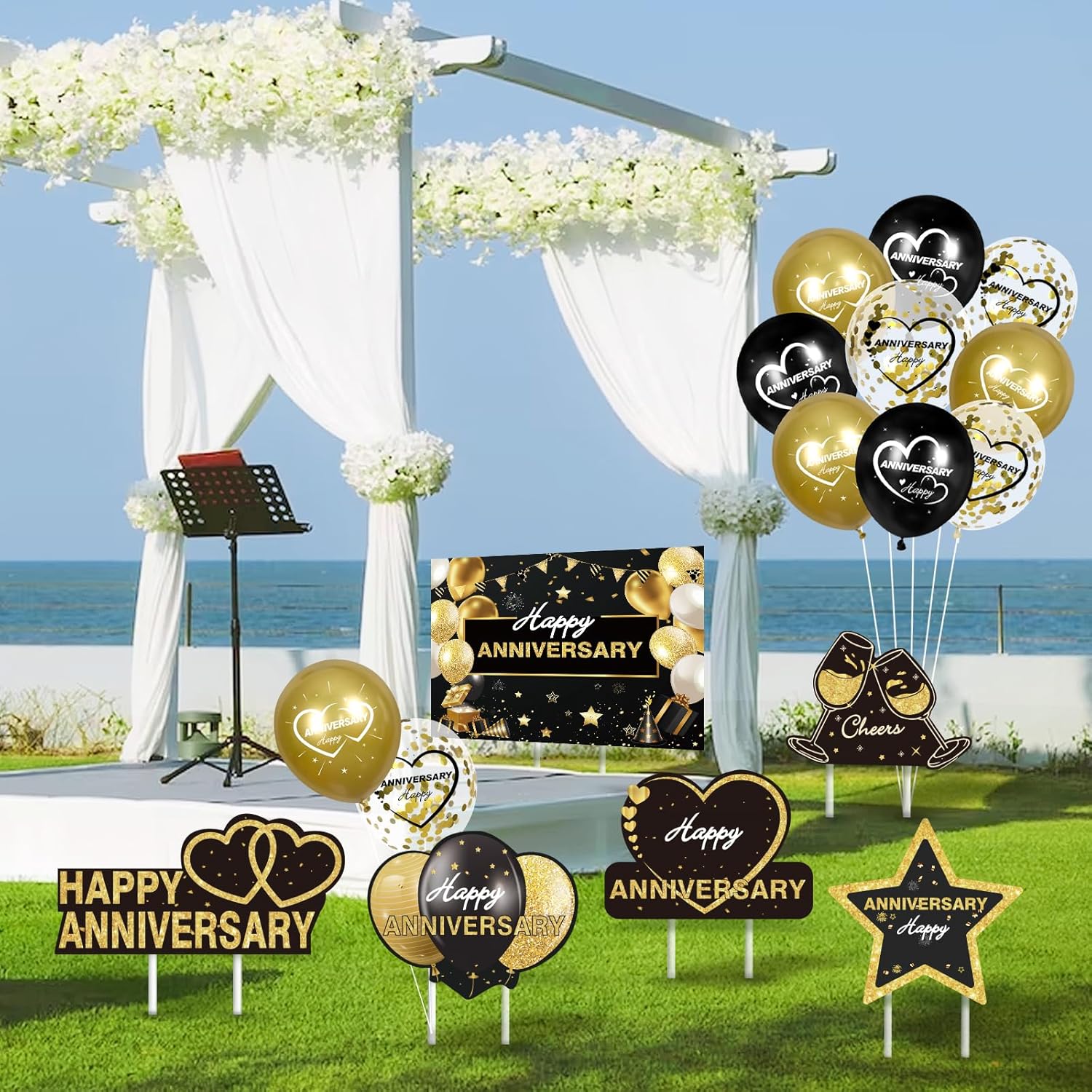 Letrero de feliz aniversario de boda para patio, 6 letreros dorados y negros con estacas y 18 globos de látex de feliz aniversario para hombres