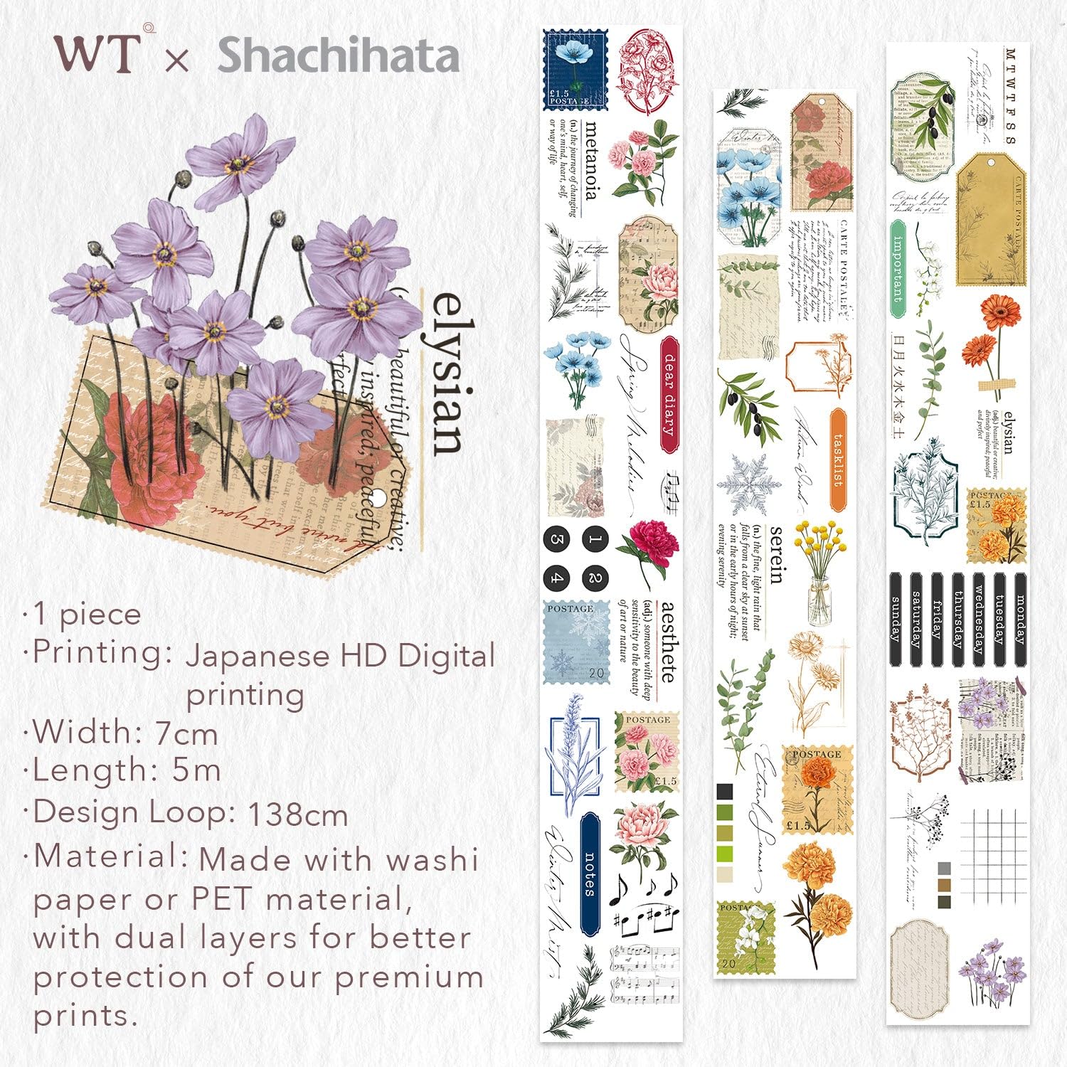 WT Season’s Symphony – Cinta Washi ancha, rollo individual, diseños originales, cinta decorativa floral, cuaderno de recortes de chatarra Bujo