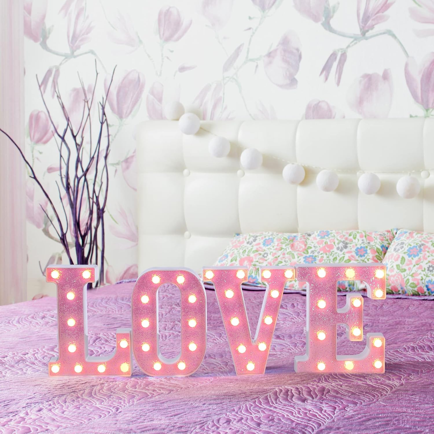 Foaky Letrero con luces LED, letras rosadas con purpurina, letras del alfabeto, letreros para luz nocturna, bodas, fiestas de cumpleaños, lámpara de