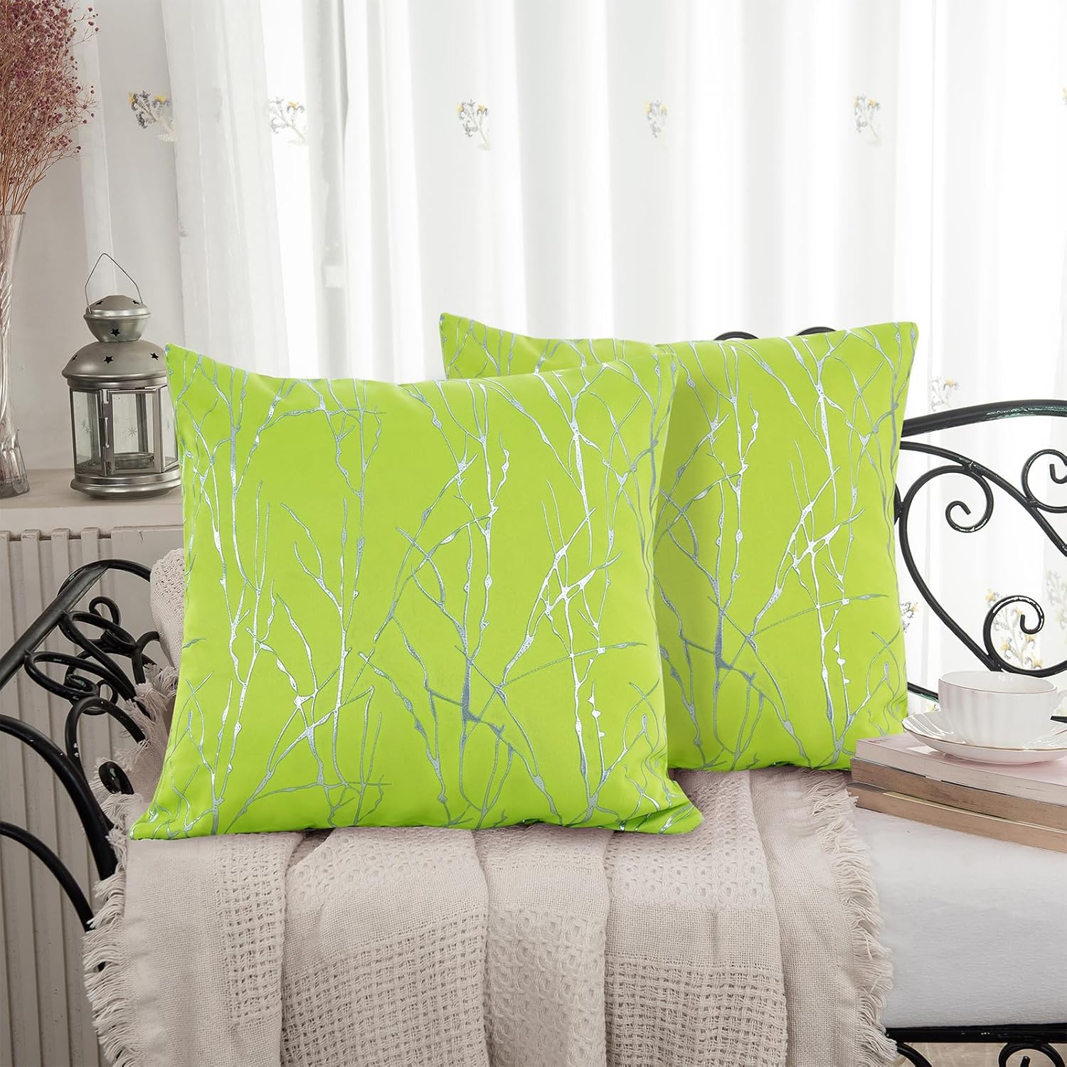 Juego de 2 fundas de cojín decorativas de color verde lima, paquete de 2 diseños de patrón de impresión ondulada, mezcla y combina para la