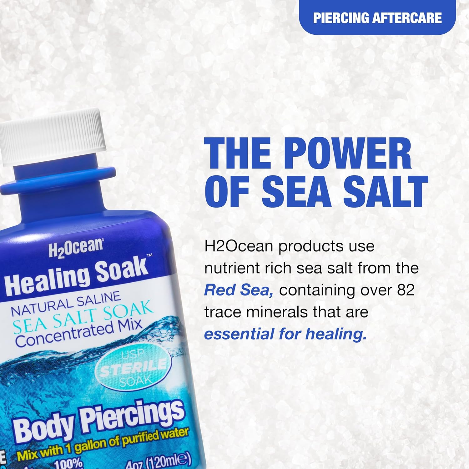 H2Ocean Baño de sal marina para piercings y heridas, solución salina de sal marina para piercings y cuidado de heridas, cuidado posterior calmante