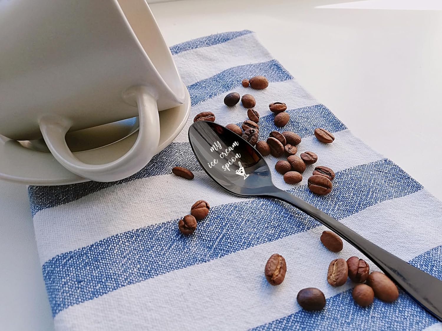 PZJIEAN My Ice Cream Spoon – Cuchara negra grabada de acero inoxidable, divertida cuchara de helado, cuchara de café, regalos para amantes del