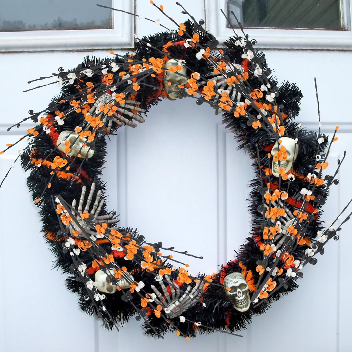6 piezas de flores de jazmín artificiales largas, tallos florales de Halloween con flores de jazmín negro, naranja y blanco, tallos de flores de