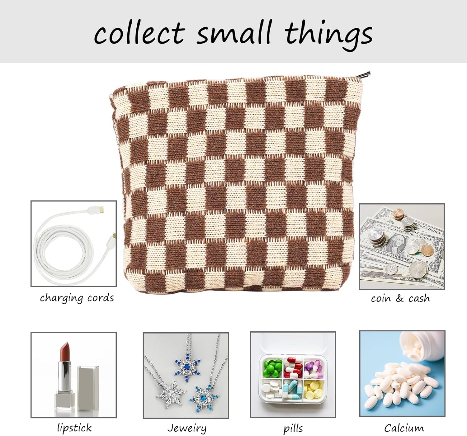 2 mini bolsas de maquillaje para monedero, bolsa de cosméticos a cuadros, pequeña bolsa con cremallera, bolsa de maquillaje de viaje portátil para