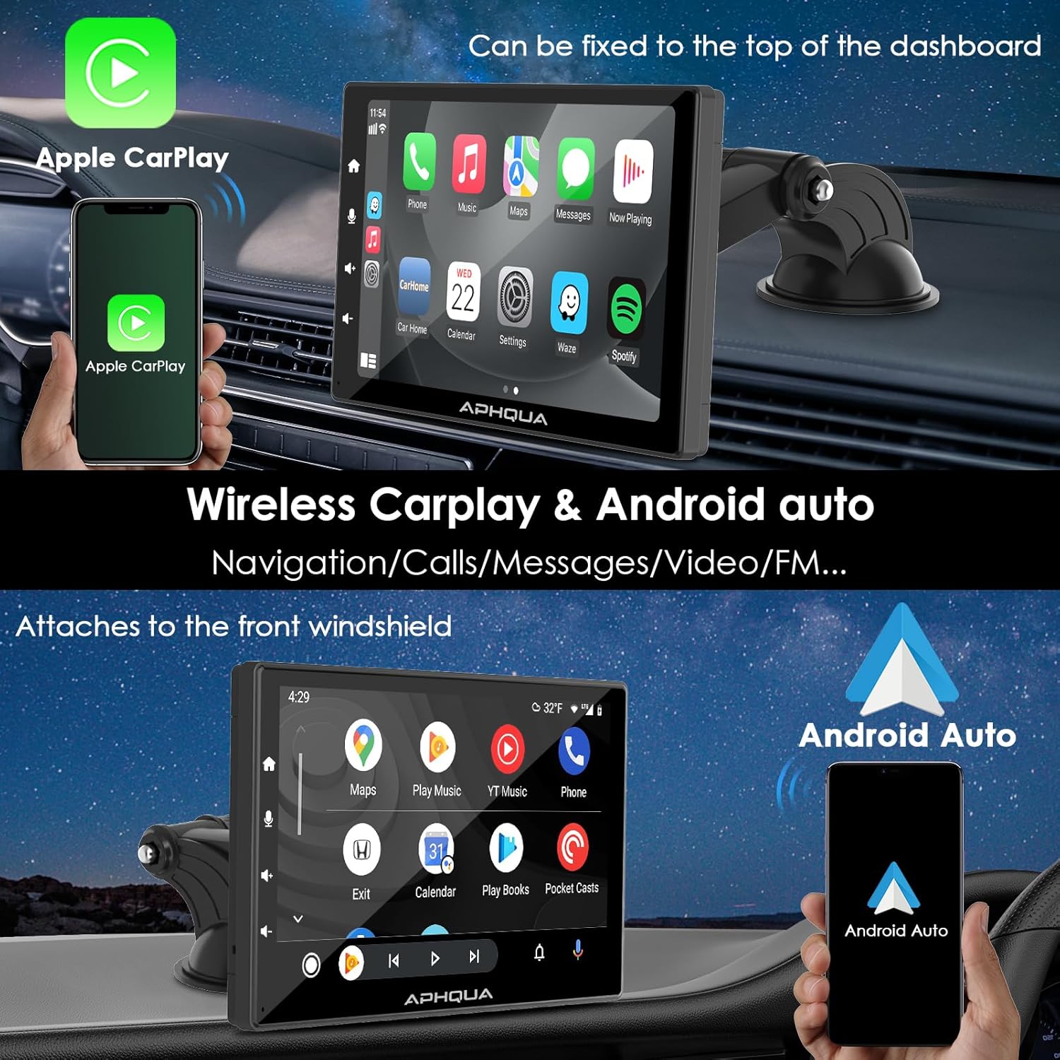 Actualización – La más reciente pantalla inalámbrica portátil Apple Carplay y Android Auto, pantalla Carplay con enlace de espejoAUXFM, pantalla