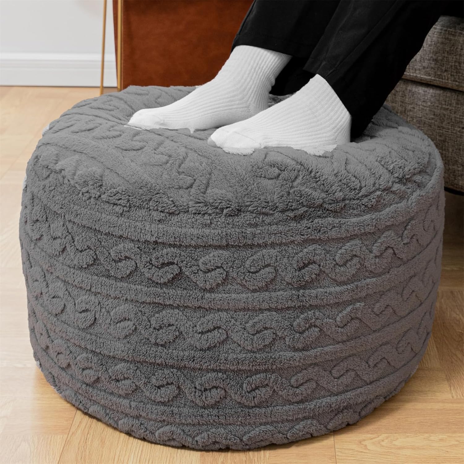 Puf otomano redondo de relleno de 20 x 20 x 12 pulgadas, otomano de fibra de felpa, reposapiés debajo del escritorio, ideal para sala de estar,