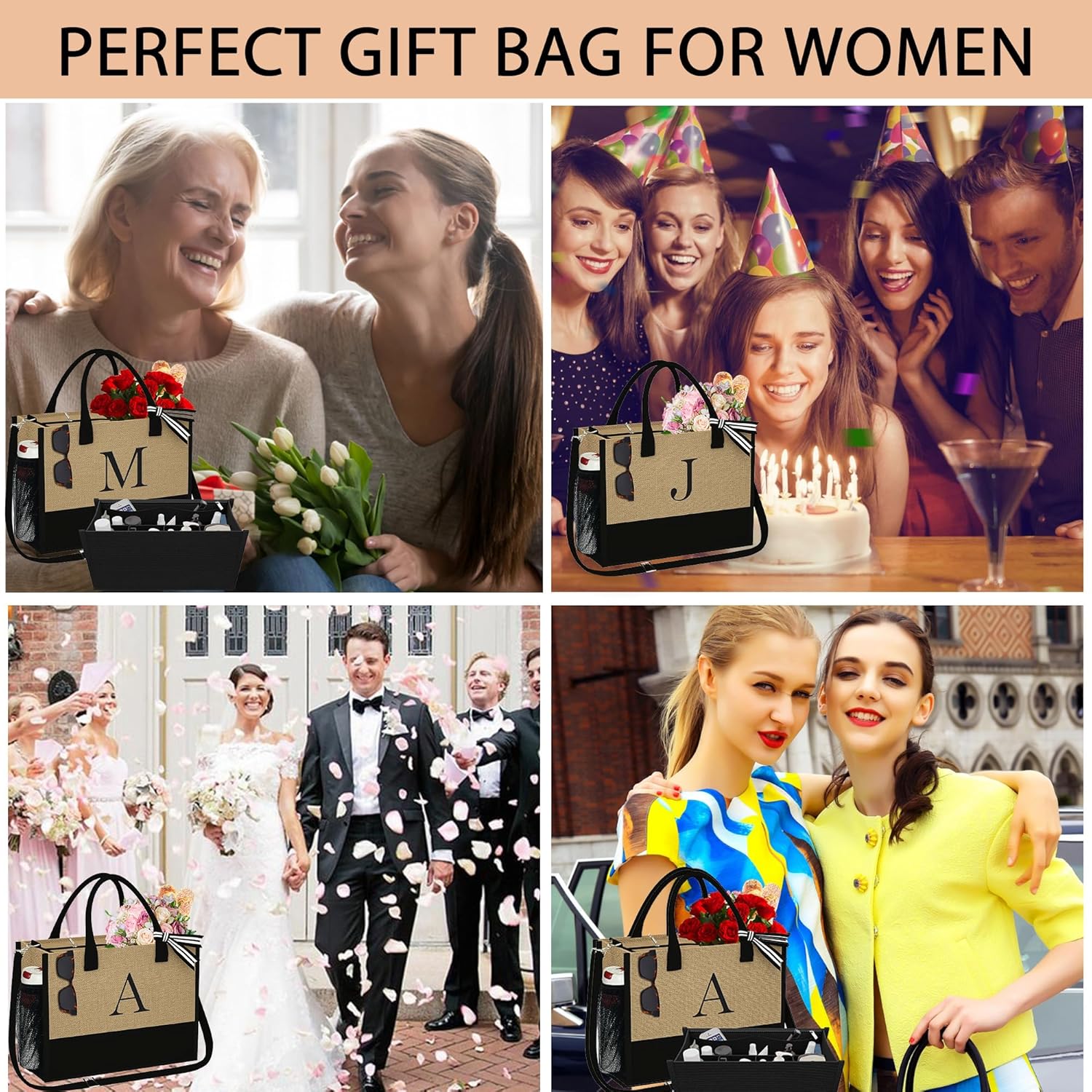 Bolsa de yute con inicial, con inserto organizador de bolsa, bolsa de viaje personalizada, regalos de cumpleaños para mujeres