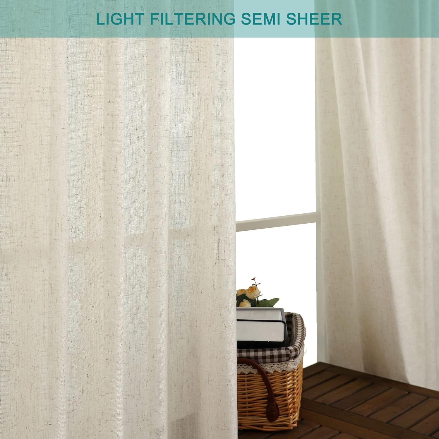 Cortinas de lino natural de 84 pulgadas de largo, con bolsillo y trabillas traseras, cortinas texturizadas de algodón, juego de 2 paneles de