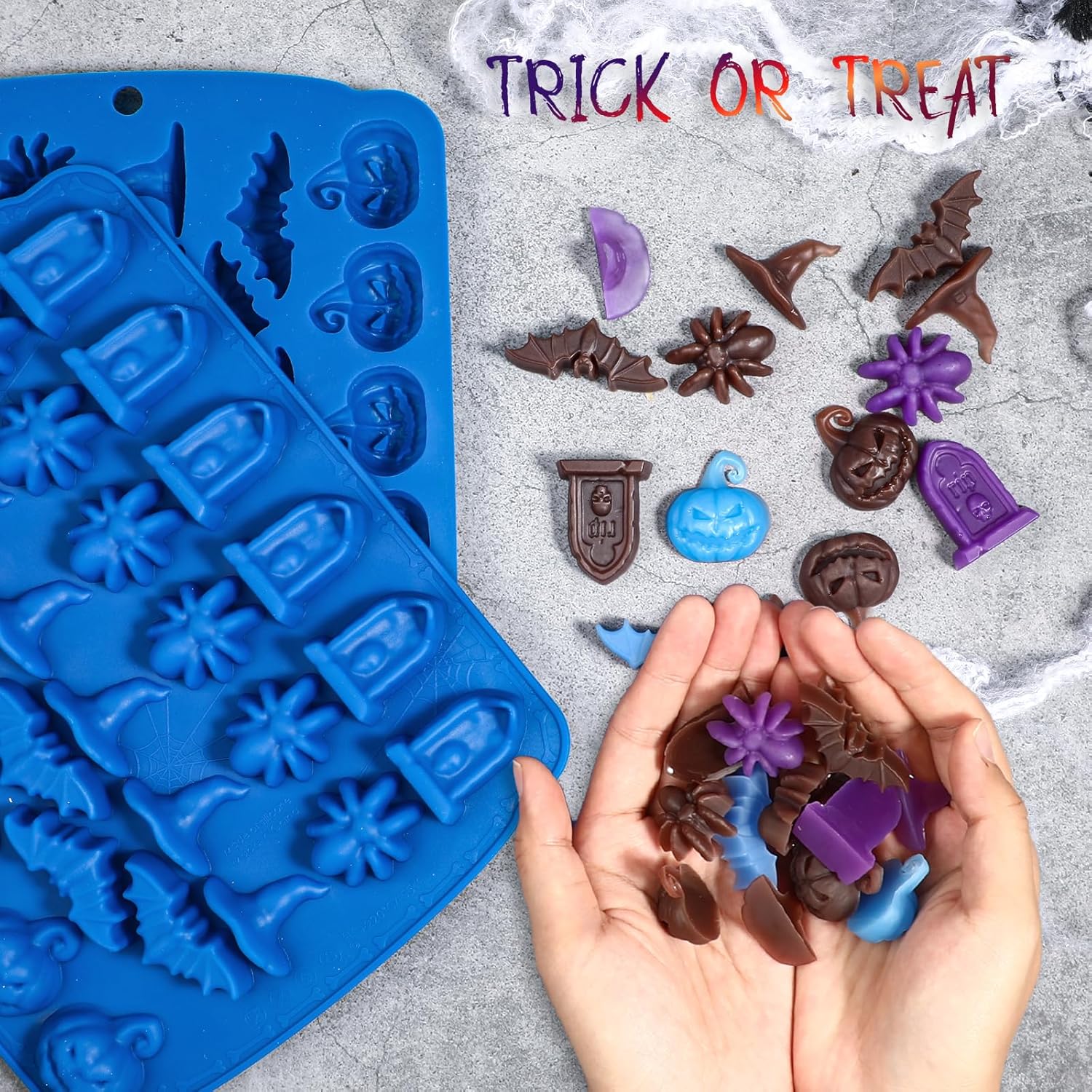 Moldes de dulces de Halloween, 2 piezas de 30 cavidades de Halloween de gomitas de chocolate, molde de silicona, azul