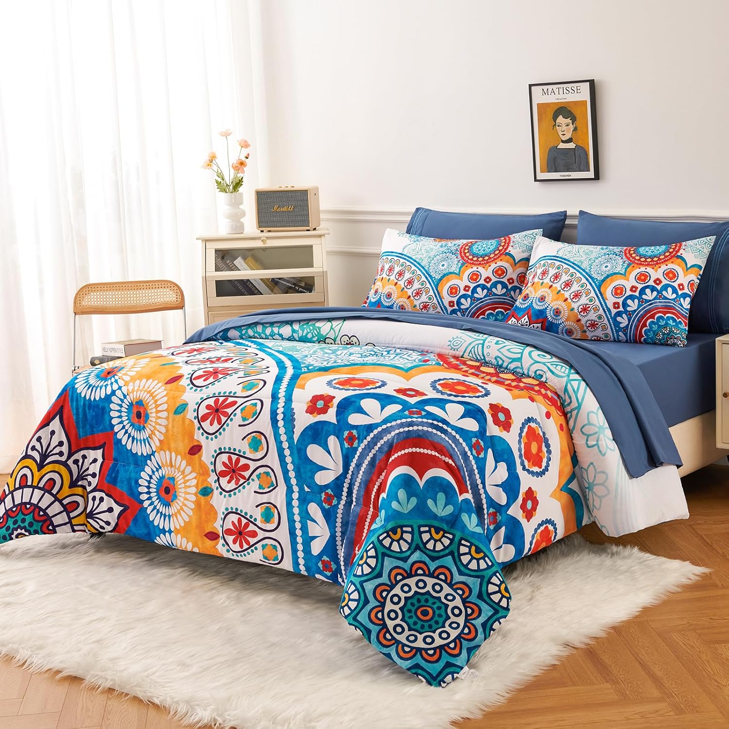 YIYEA Juego de edredón tamaño King  Estampado floral  7 piezas de cama en una bolsa  Juegos de ropa de cama para todas las estaciones con edredón,
