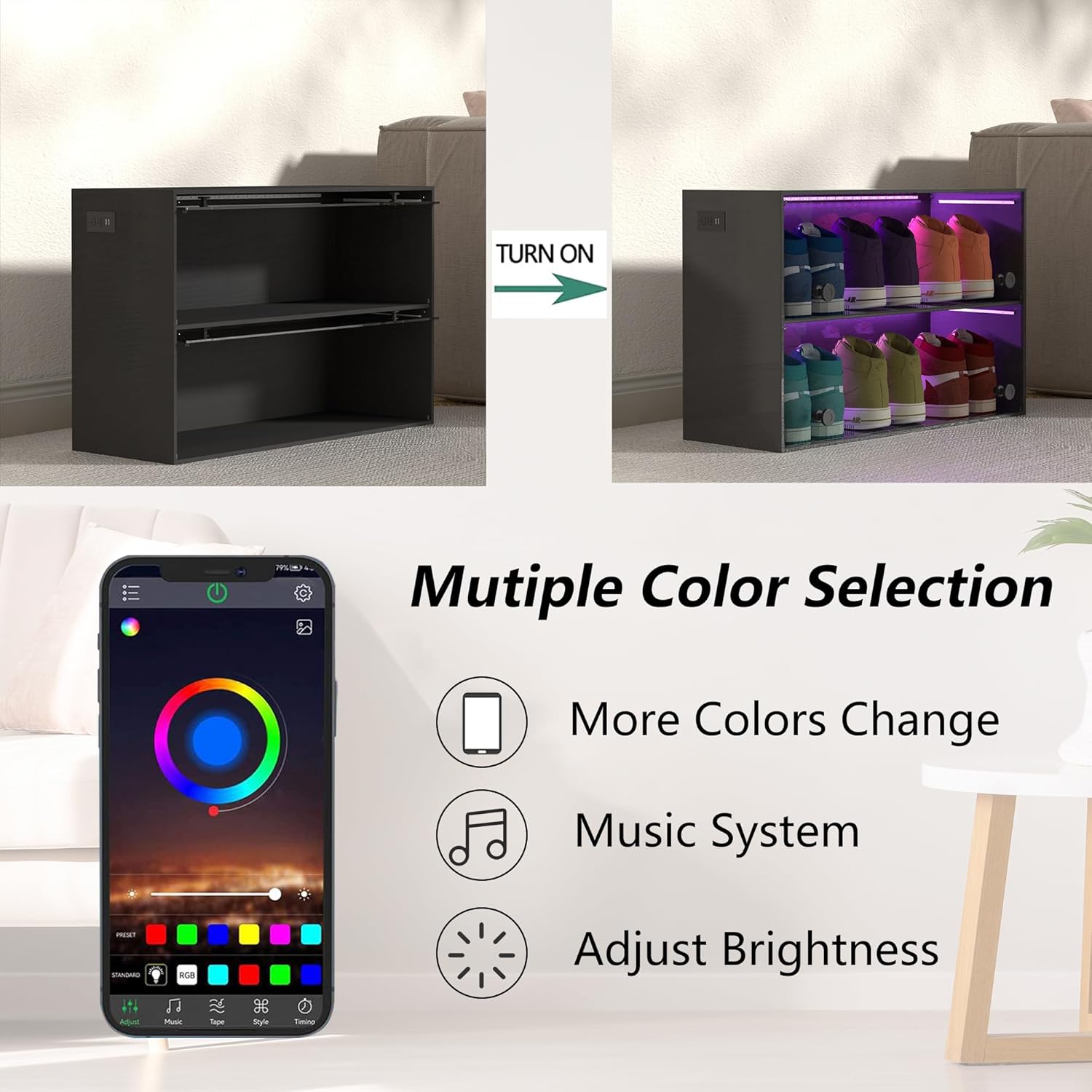 Almacenamiento de zapatos con luces LED para hasta 6 pares de zapatos, color negro, elegante zapatero con puerta de vidrio acrílico, cajas de