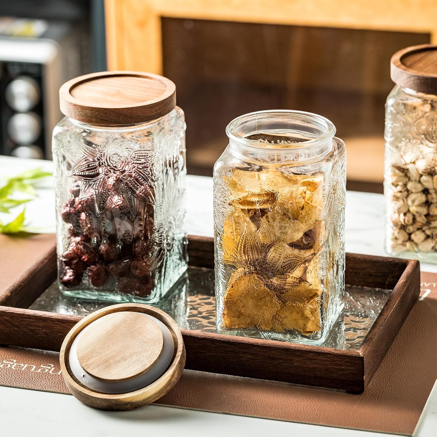 Tarro de almacenamiento sellado de vidrio vintage con tapa de madera sellada, recipiente de almacenamiento de alimentos de vidrio para cocina,