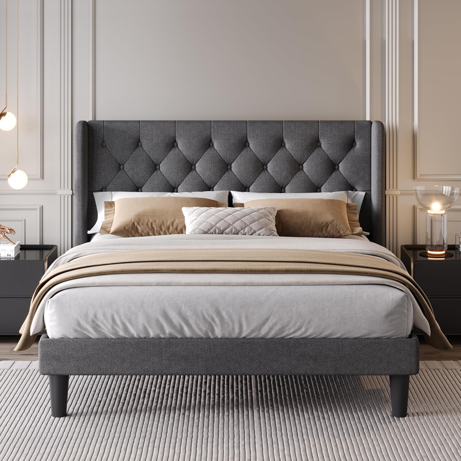 SHA CERLIN Base de cama tapizada de tamaño matrimonial con cabecera con respaldo de ala, tela de terciopelo copetudo, soporte de listones de madera,