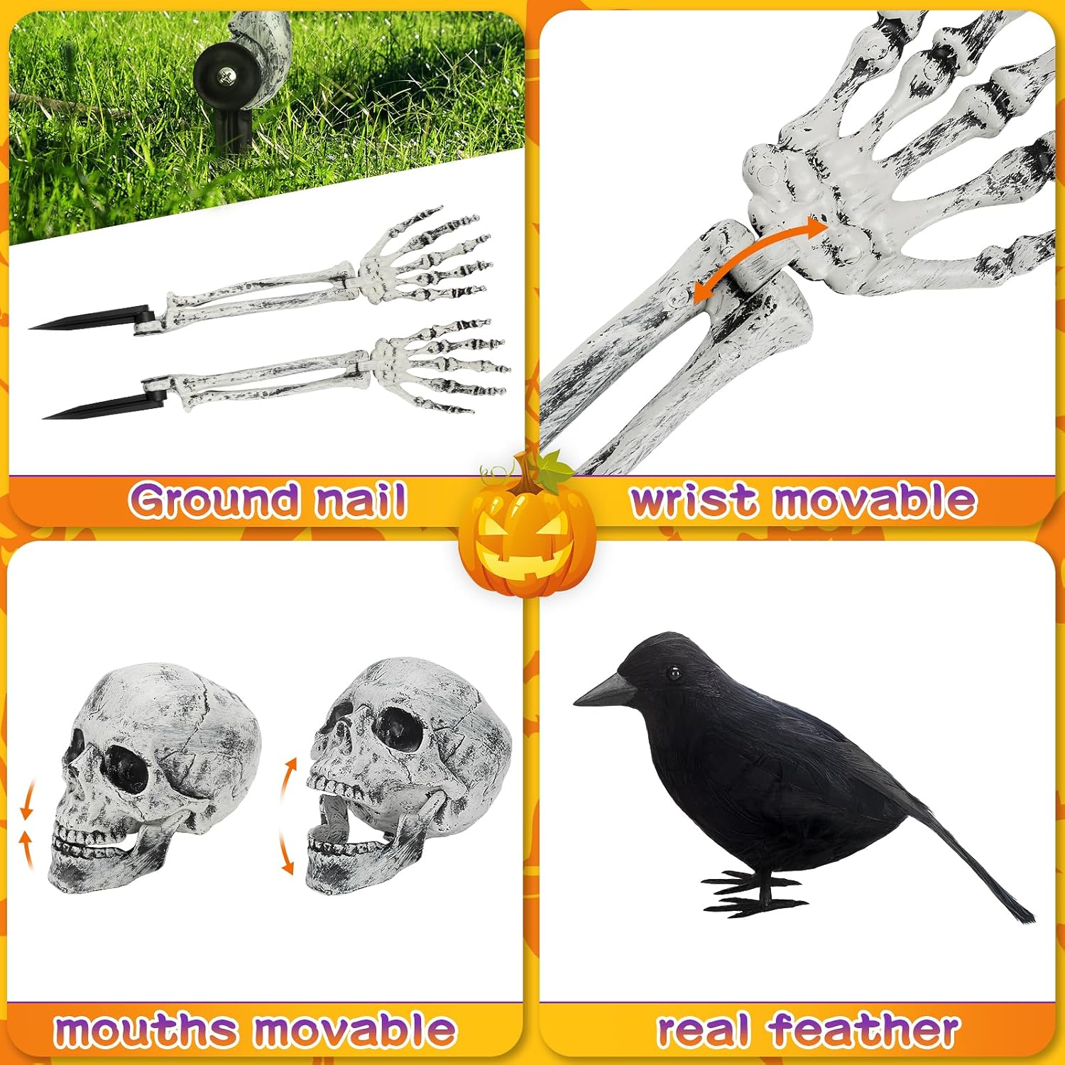 BAYSING Decoraciones de Halloween al aire libre, estacas de esqueleto, cabeza de calavera aterradora realista y brazos con cuervo para patio,