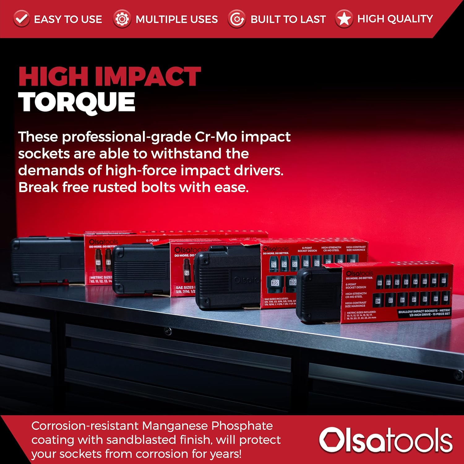 Olsa Tools Juego de dados de impacto profundo Cr-Mo SAE de 12 pulgada  14 piezas (38 pulgadas a 1-14 pulgadas)  CrMo de grado profesional  Diseño de