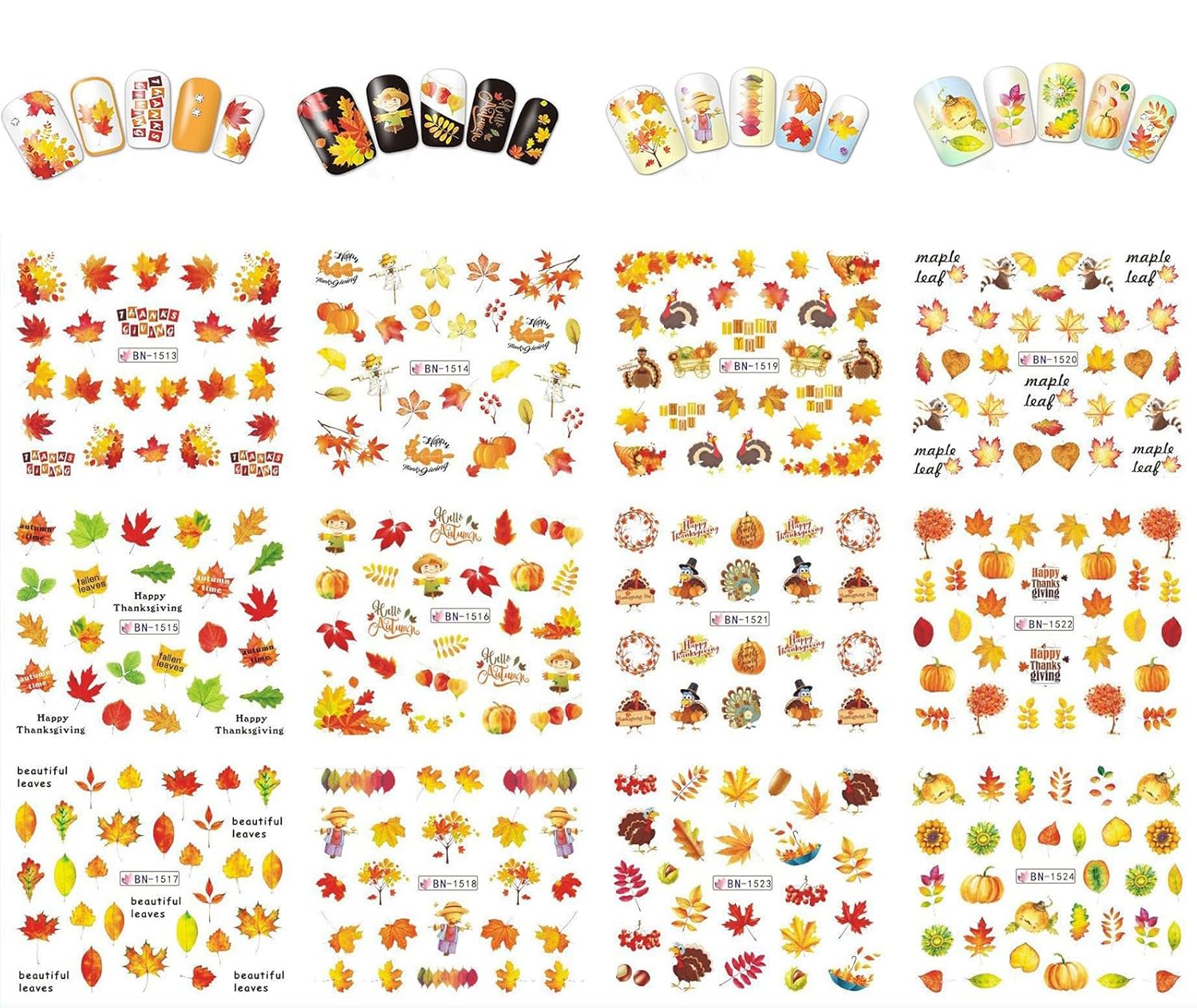 Calcomanías de arte de uñas de otoño, calcomanías de uñas de Acción de Gracias, hoja de arce, pavo, transferencia de agua, calcomanías de uñas de