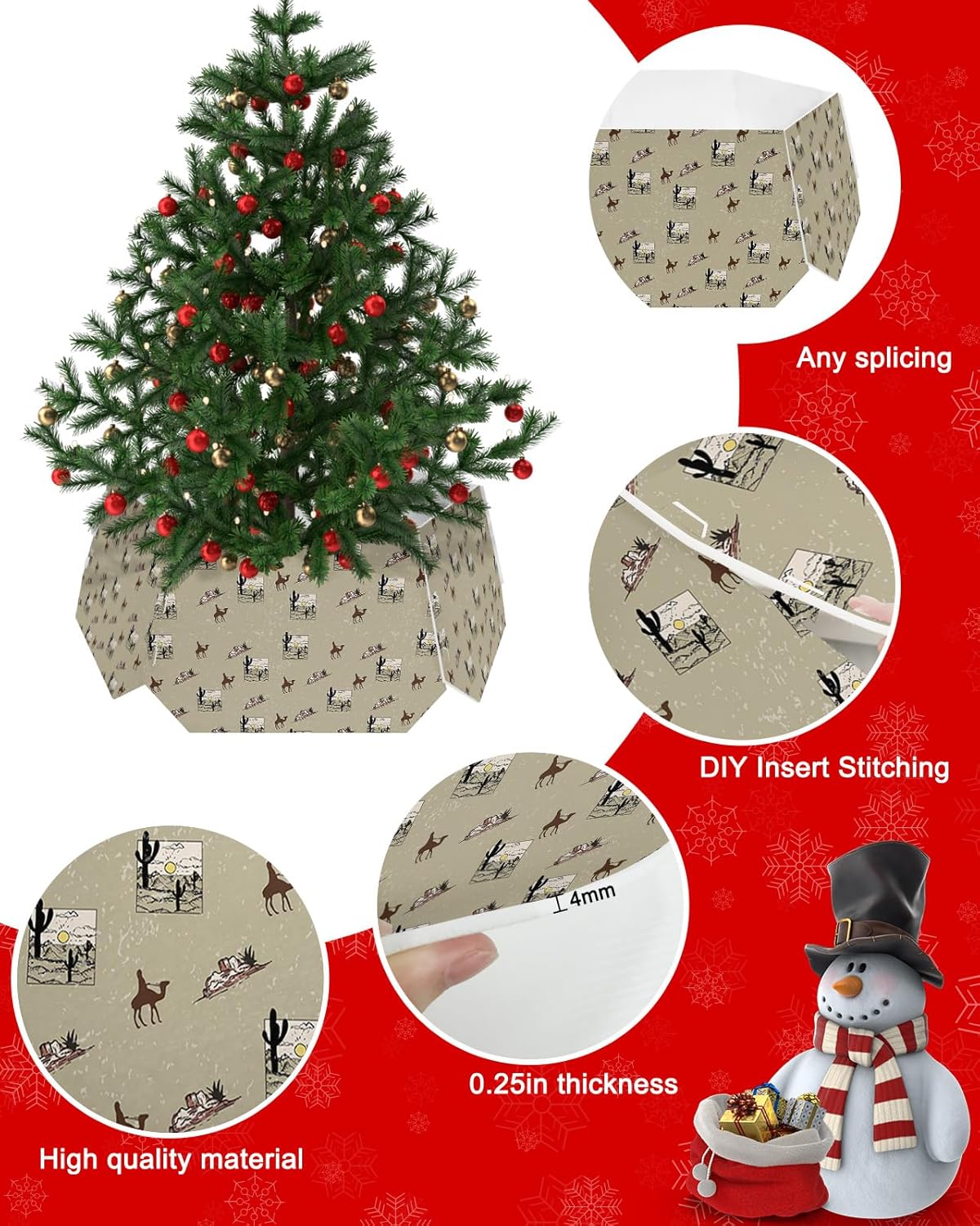 Christmas Tree Collar 6-PCS14.5″x 10″, Christmas Tree Ring Retro Cactus Camel Desert on Mottled Christmas Tree Stands Skirts Base Covers for Xmas